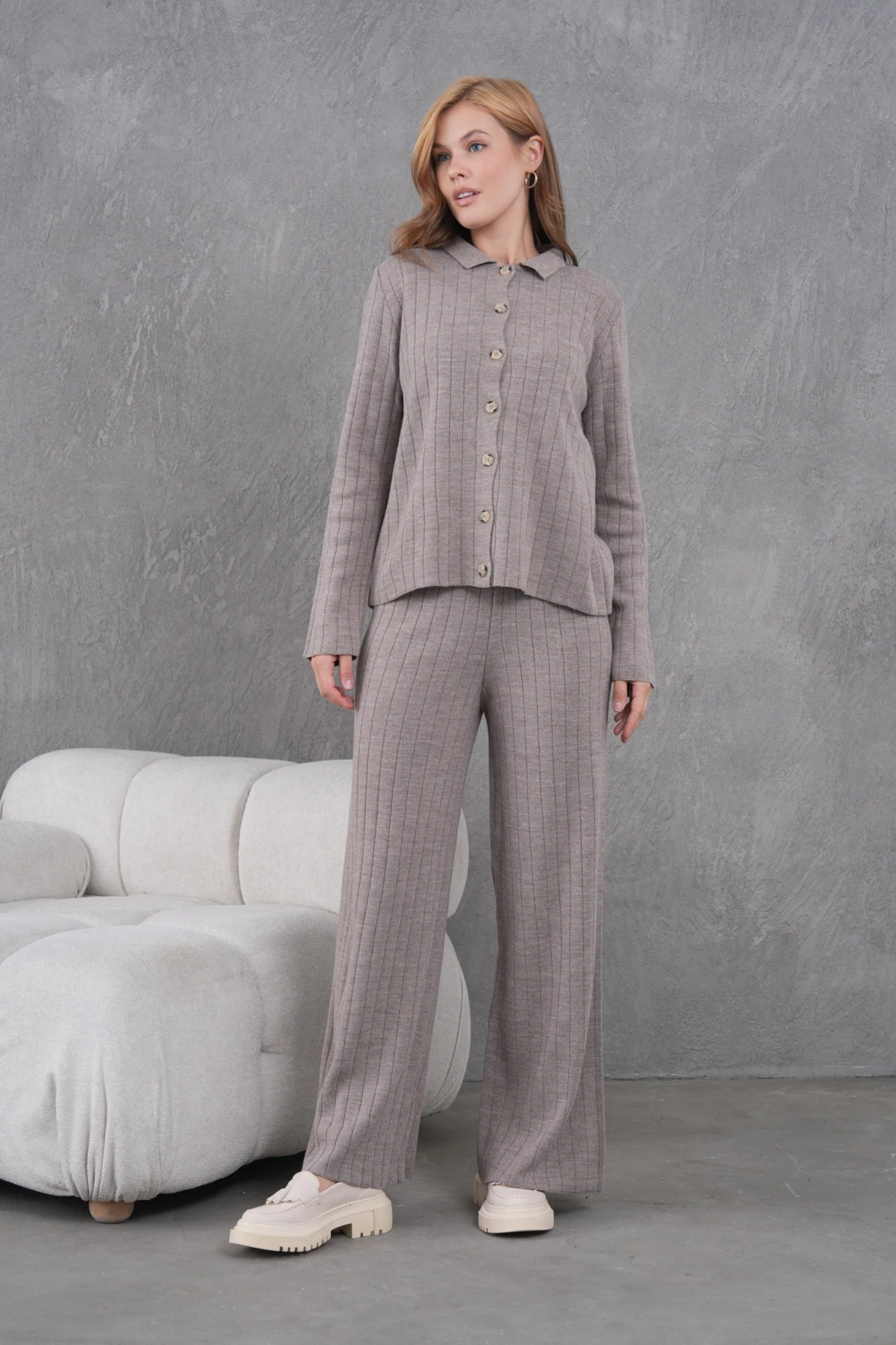 Kadın Gömlek Yaka Düğme Kapama Desenli Ceket Pantolon İkili Triko Takım
