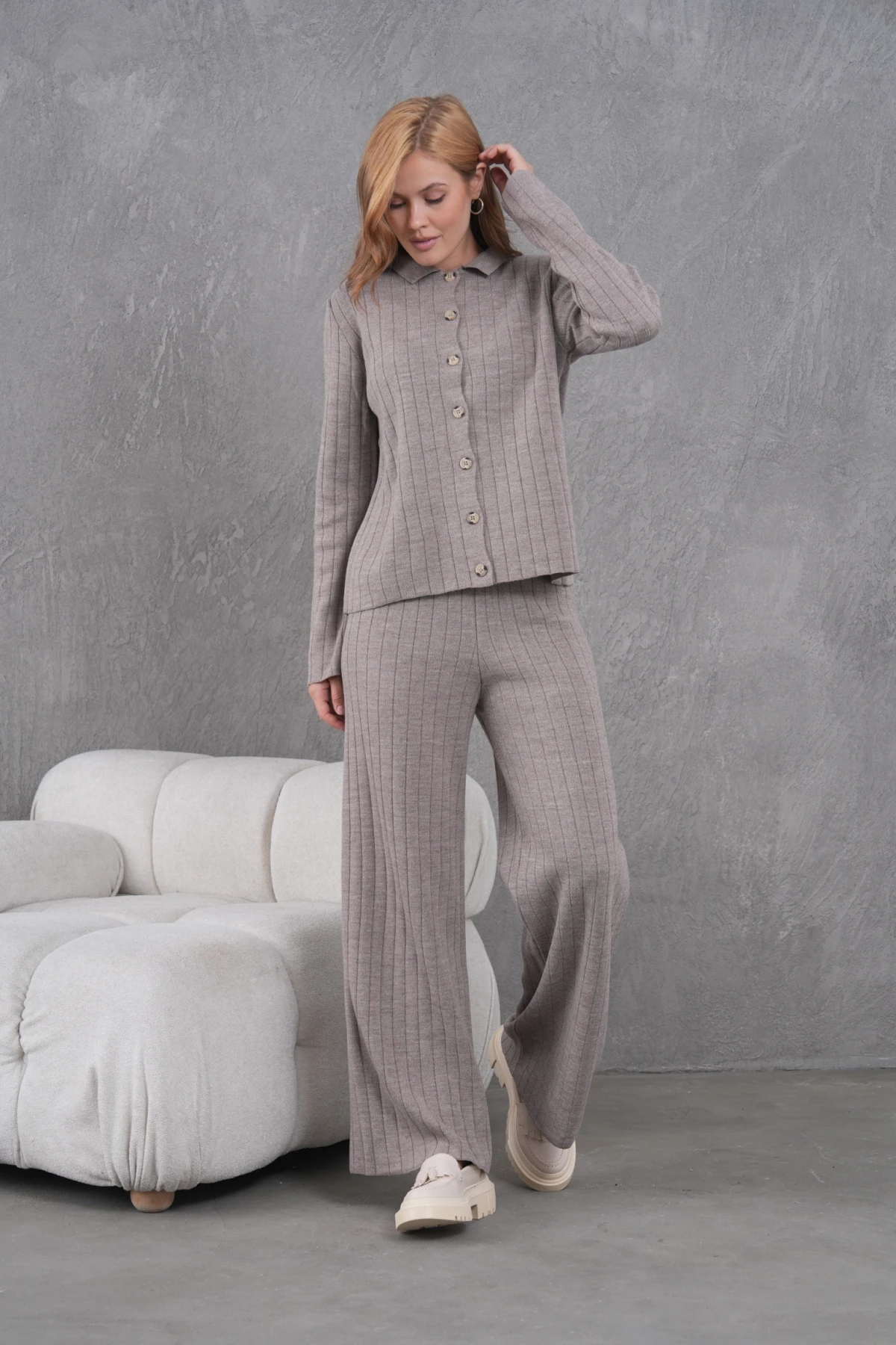 Kadın Gömlek Yaka Düğme Kapama Desenli Ceket Pantolon İkili Triko Takım