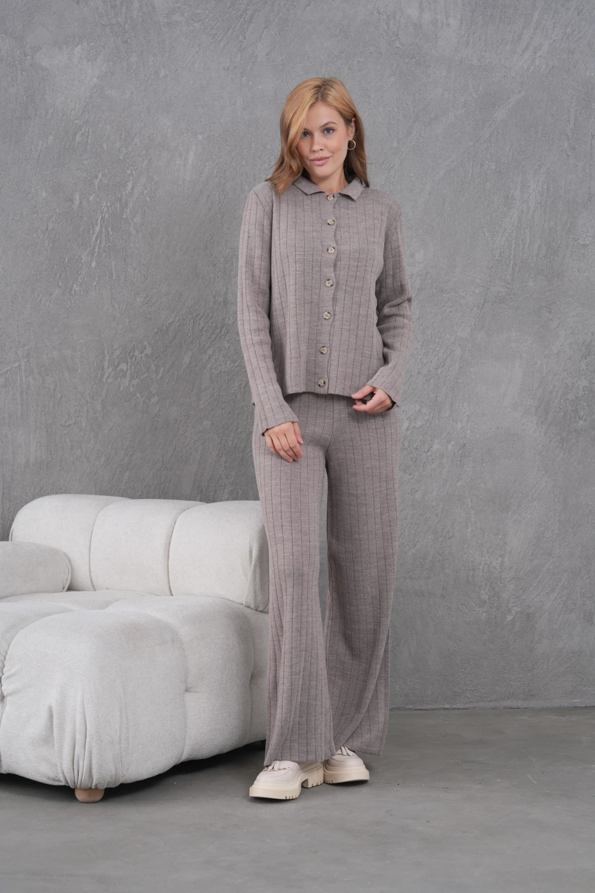 Kadın Gömlek Yaka Düğme Kapama Desenli Ceket Pantolon İkili Triko Takım