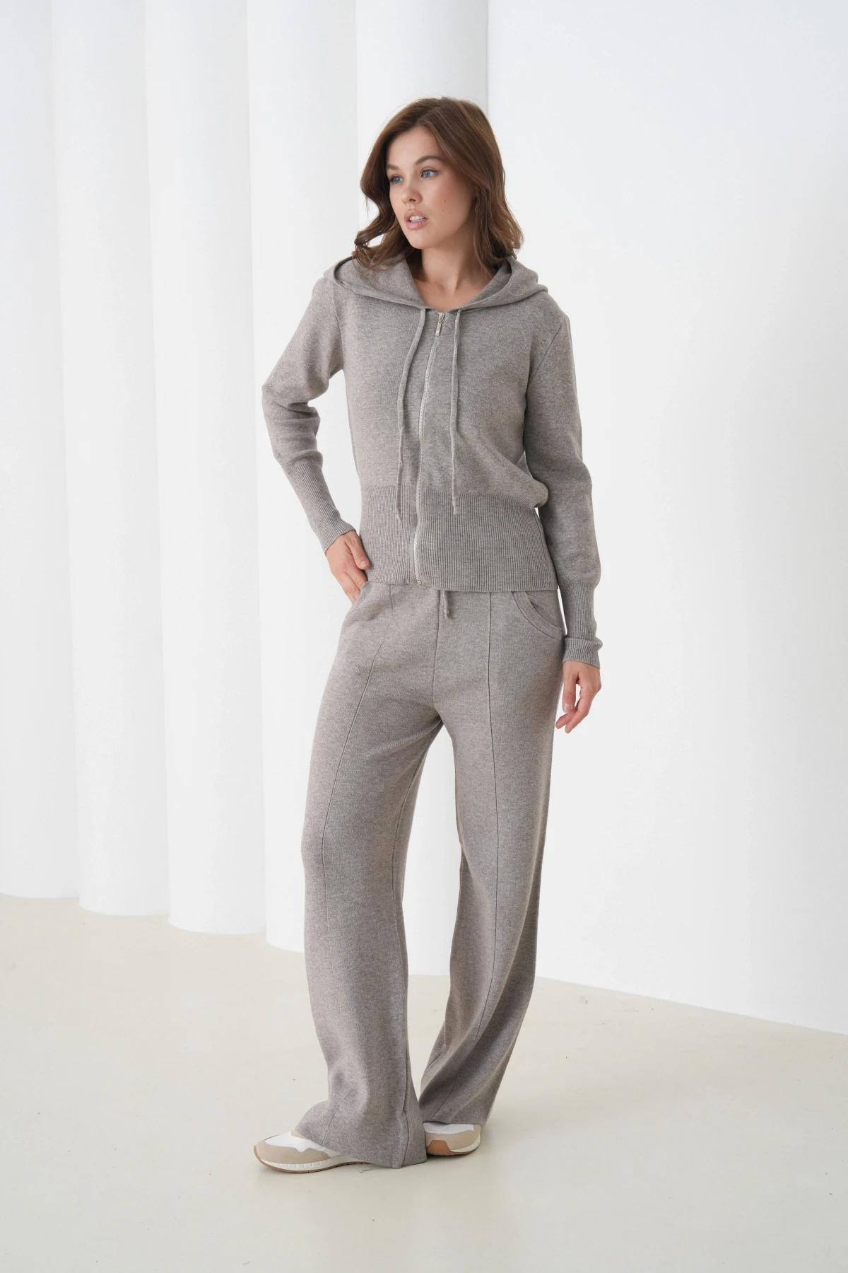 Kadın Kapşonlu Fermuar Kapam Hırka Pantolon İkili Triko Takım