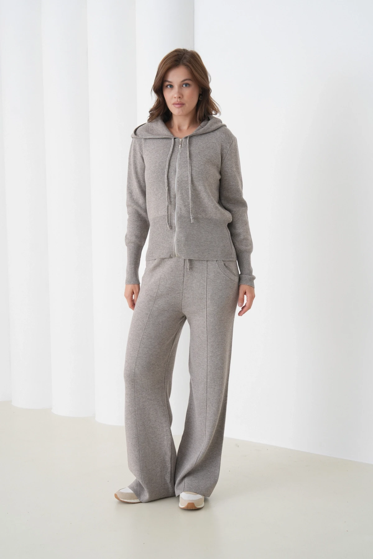 Kadın Kapşonlu Fermuar Kapam Hırka Pantolon İkili Triko Takım