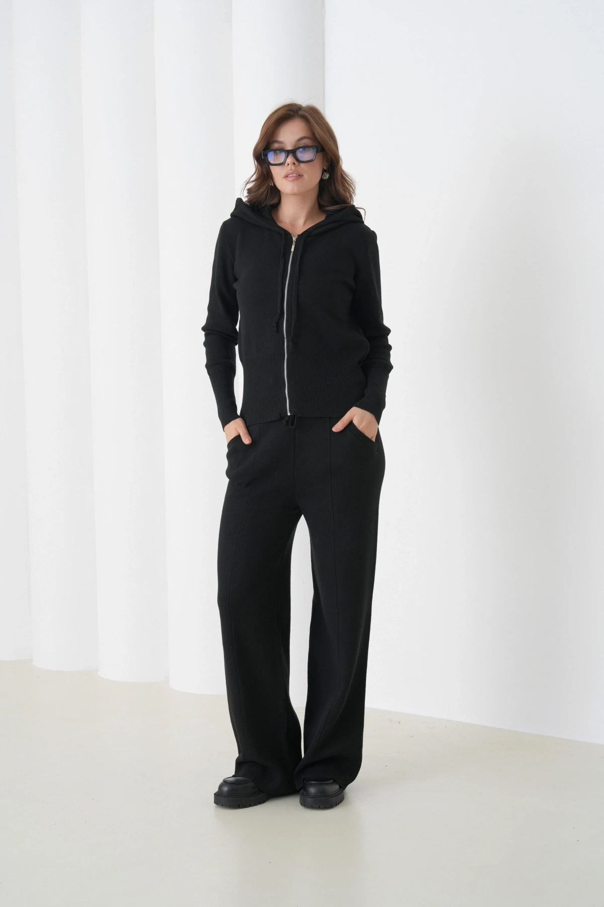 Kadın Kapşonlu Fermuar Kapam Hırka Pantolon İkili Triko Takım