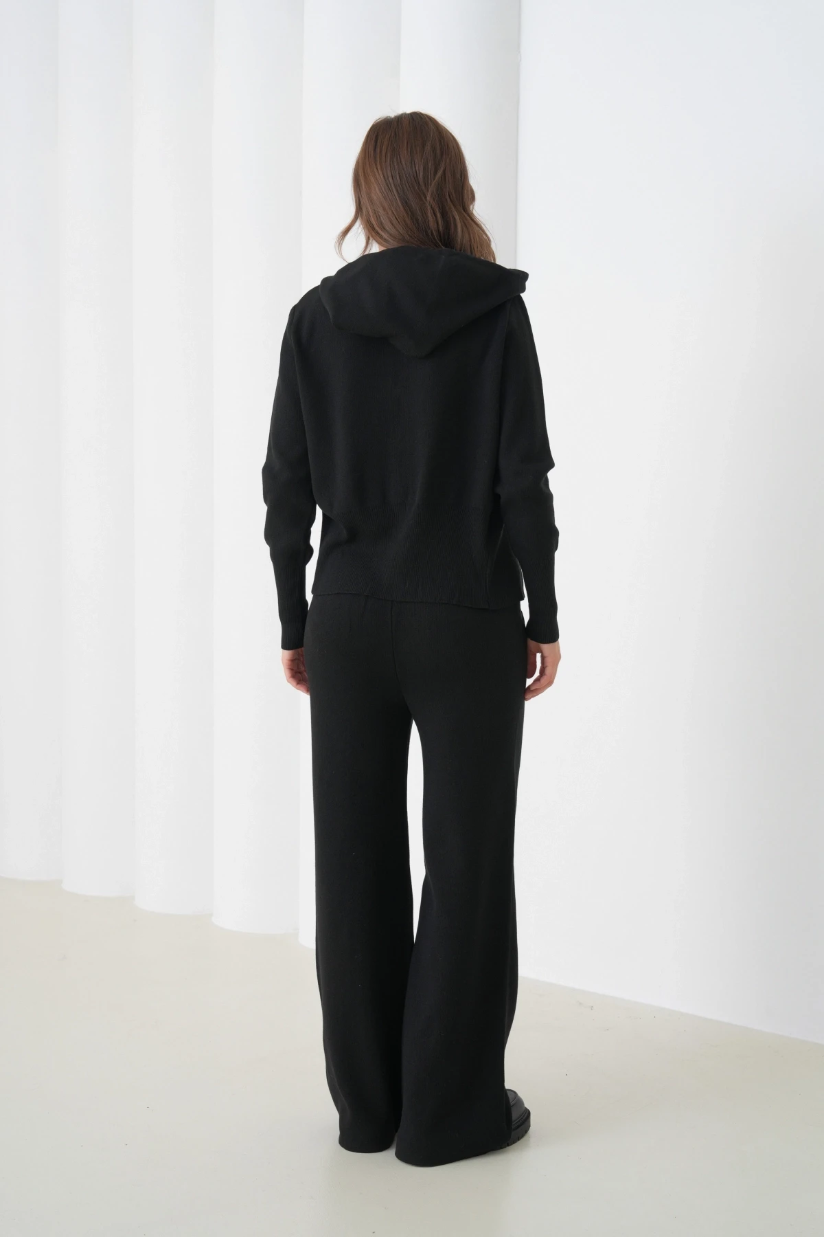 Kadın Kapşonlu Fermuar Kapam Hırka Pantolon İkili Triko Takım