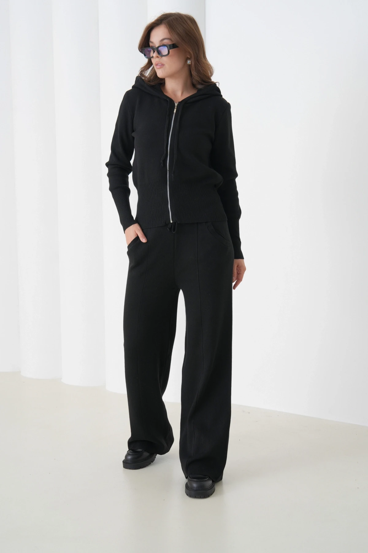 Kadın Kapşonlu Fermuar Kapam Hırka Pantolon İkili Triko Takım