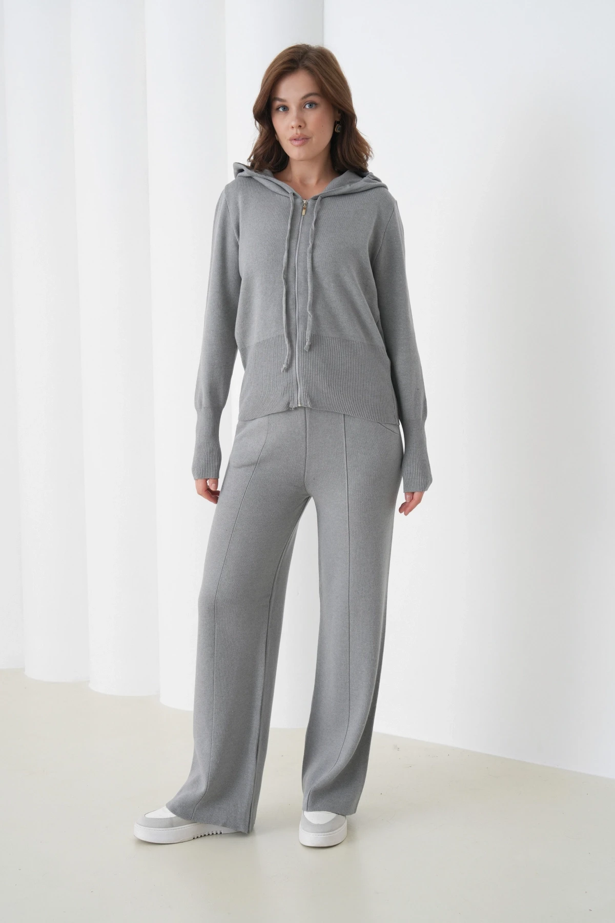 Kadın Kapşonlu Fermuar Kapam Hırka Pantolon İkili Triko Takım