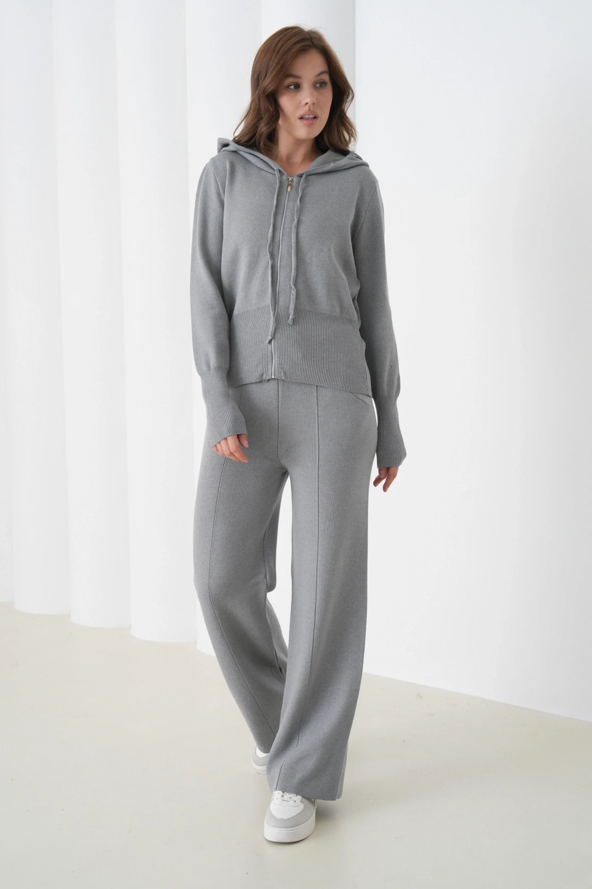 Kadın Kapşonlu Fermuar Kapam Hırka Pantolon İkili Triko Takım