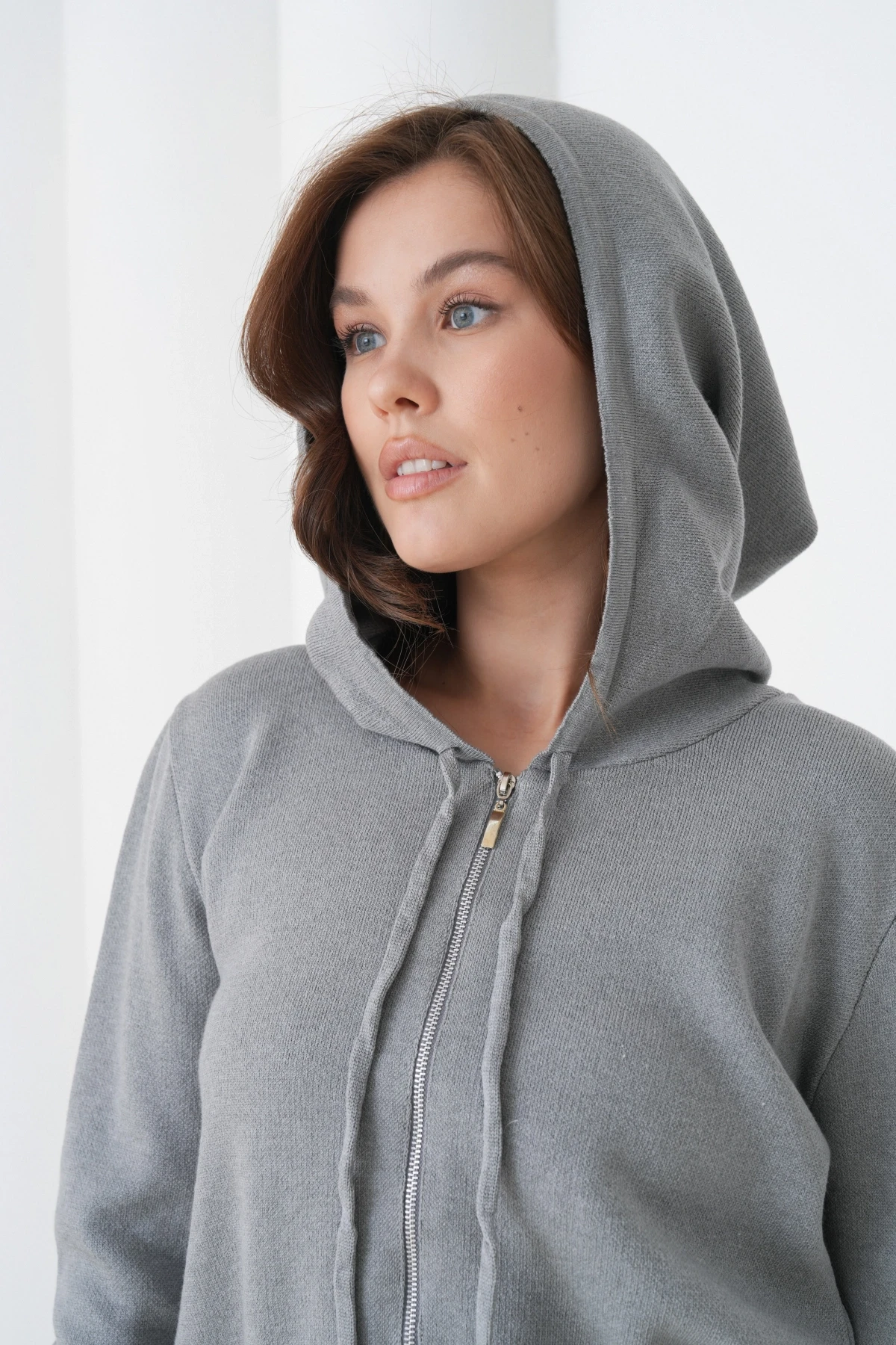 Kadın Kapşonlu Fermuar Kapam Hırka Pantolon İkili Triko Takım