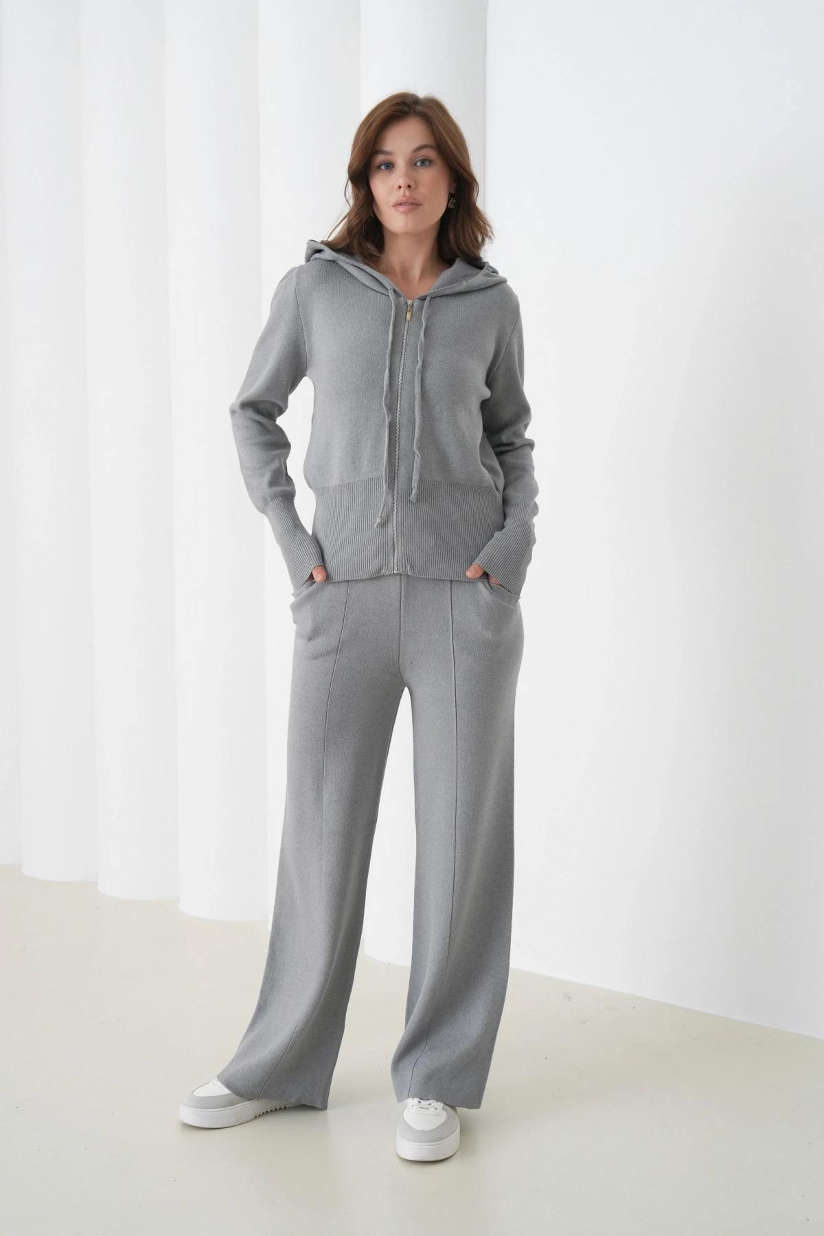 Kadın Kapşonlu Fermuar Kapam Hırka Pantolon İkili Triko Takım