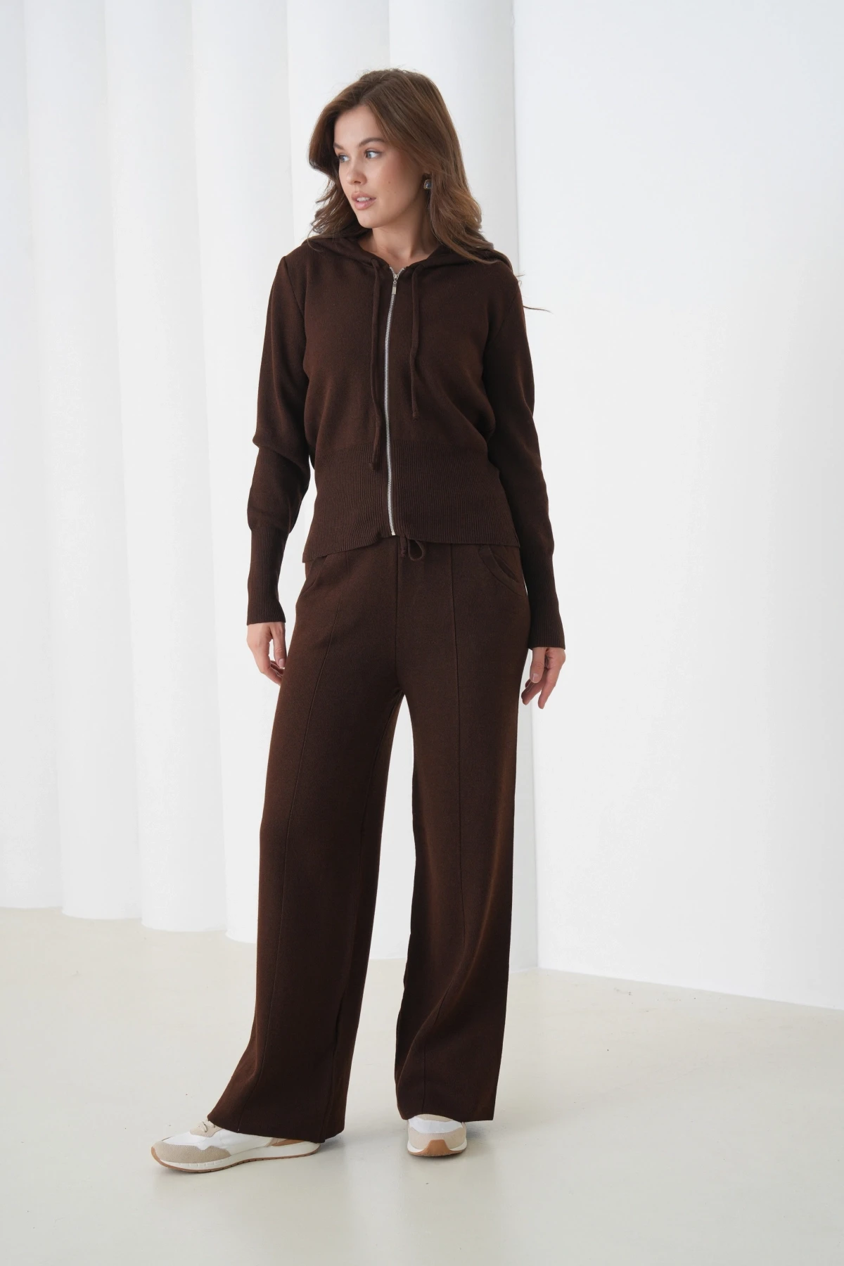 Kadın Kapşonlu Fermuar Kapam Hırka Pantolon İkili Triko Takım