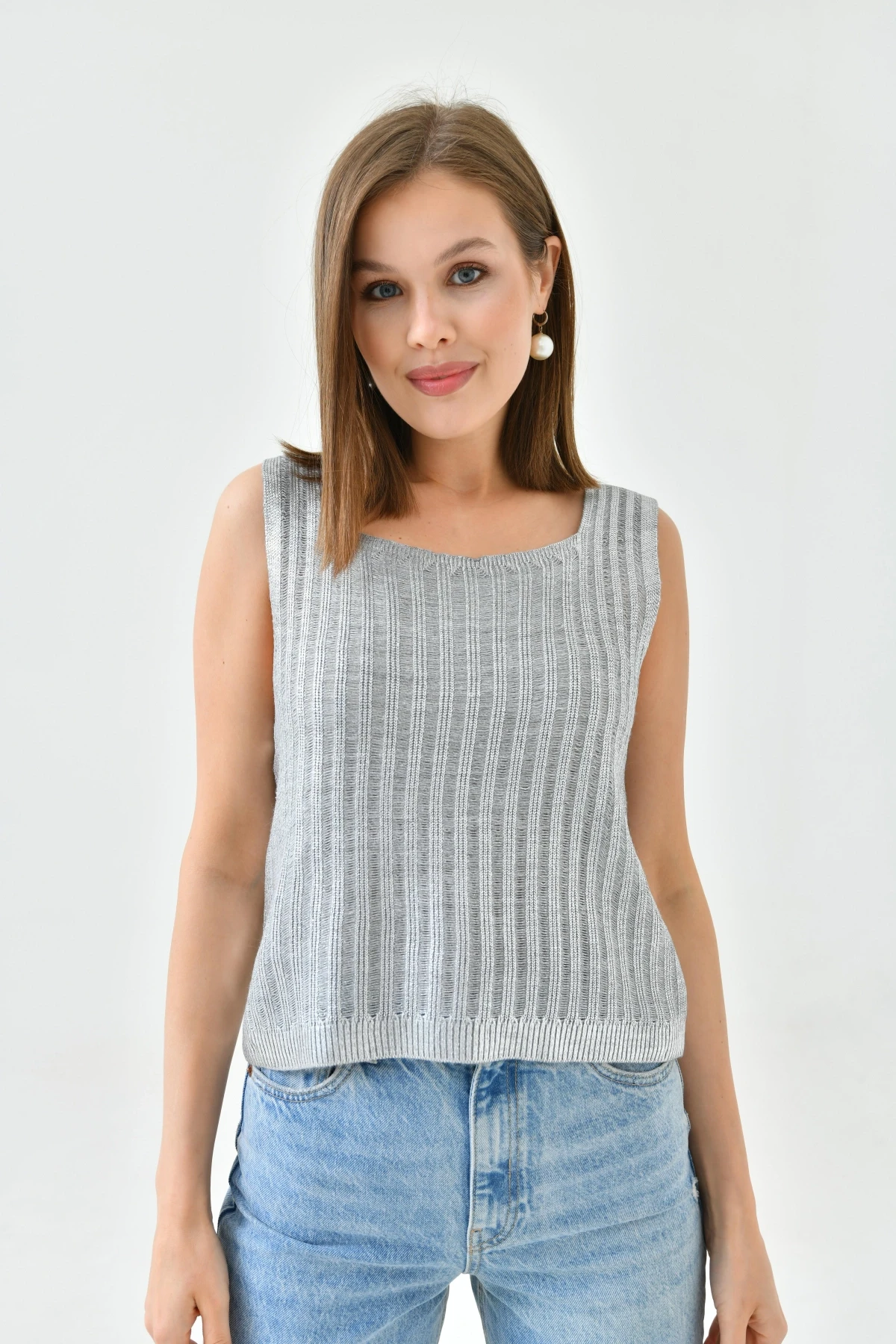 Kadın Kare Yaka Varaklı Triko Sweater 10759