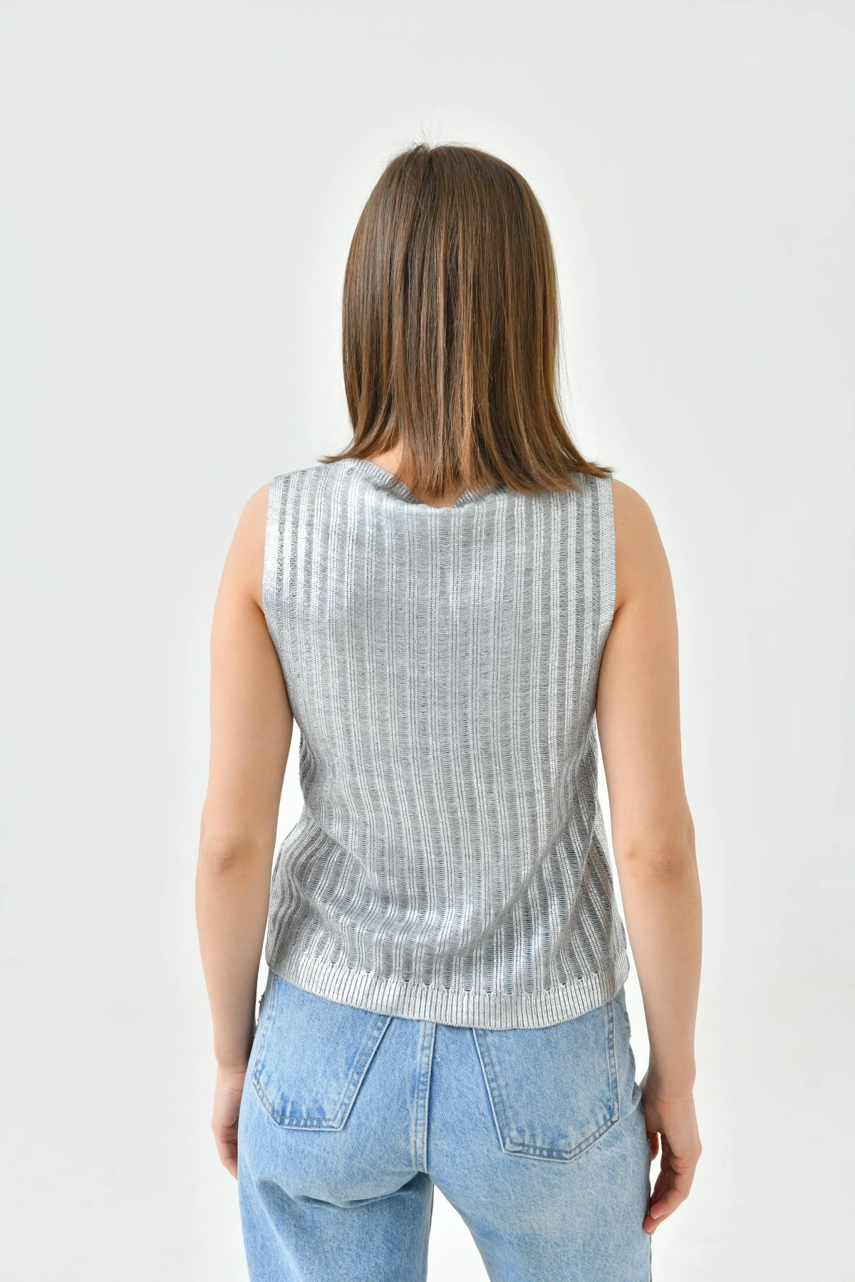 Kadın Kare Yaka Varaklı Triko Sweater 10759