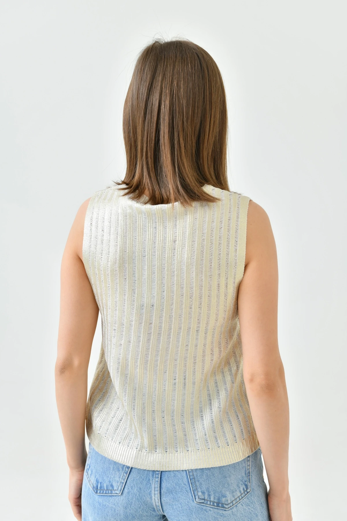 Kadın Kare Yaka Varaklı Triko Sweater 10759