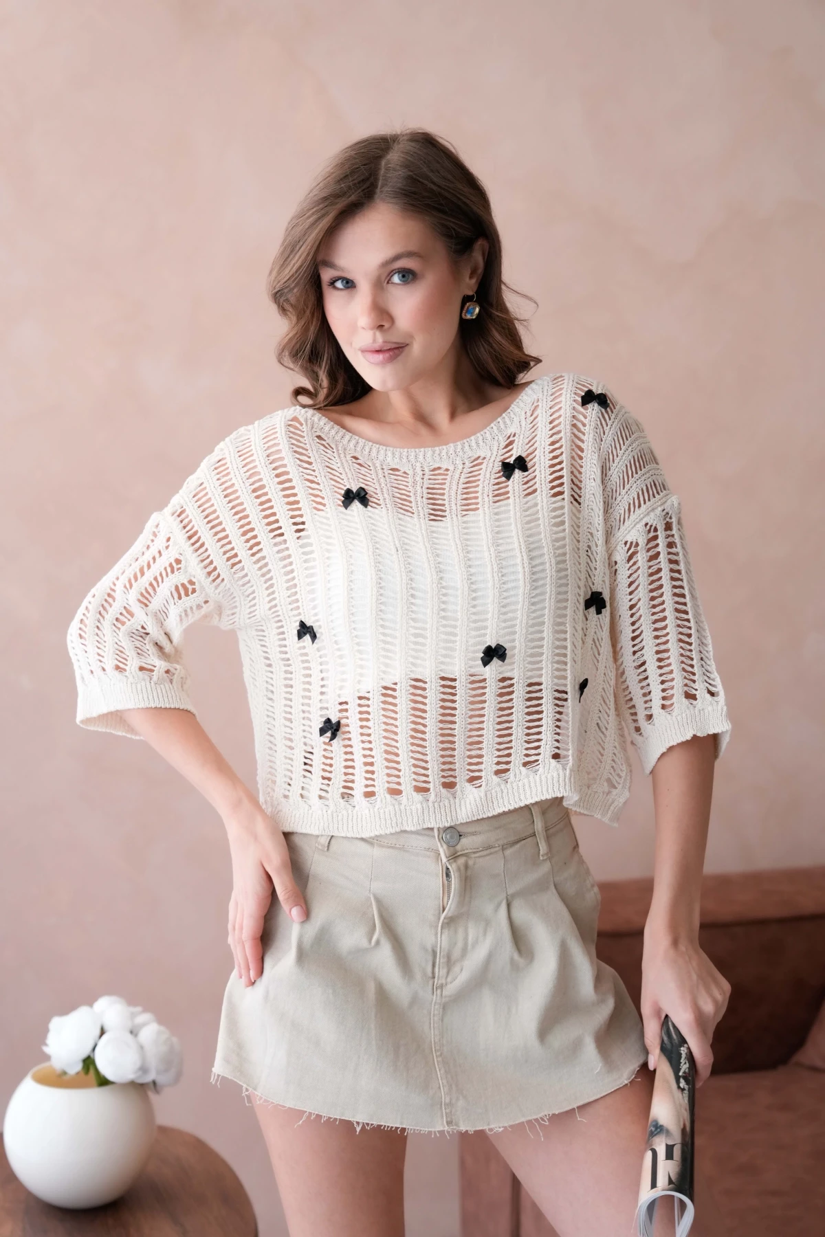 Kadın Kayık Yaka Örgü Detay Ajurlu Triko Kazak 8277Sw