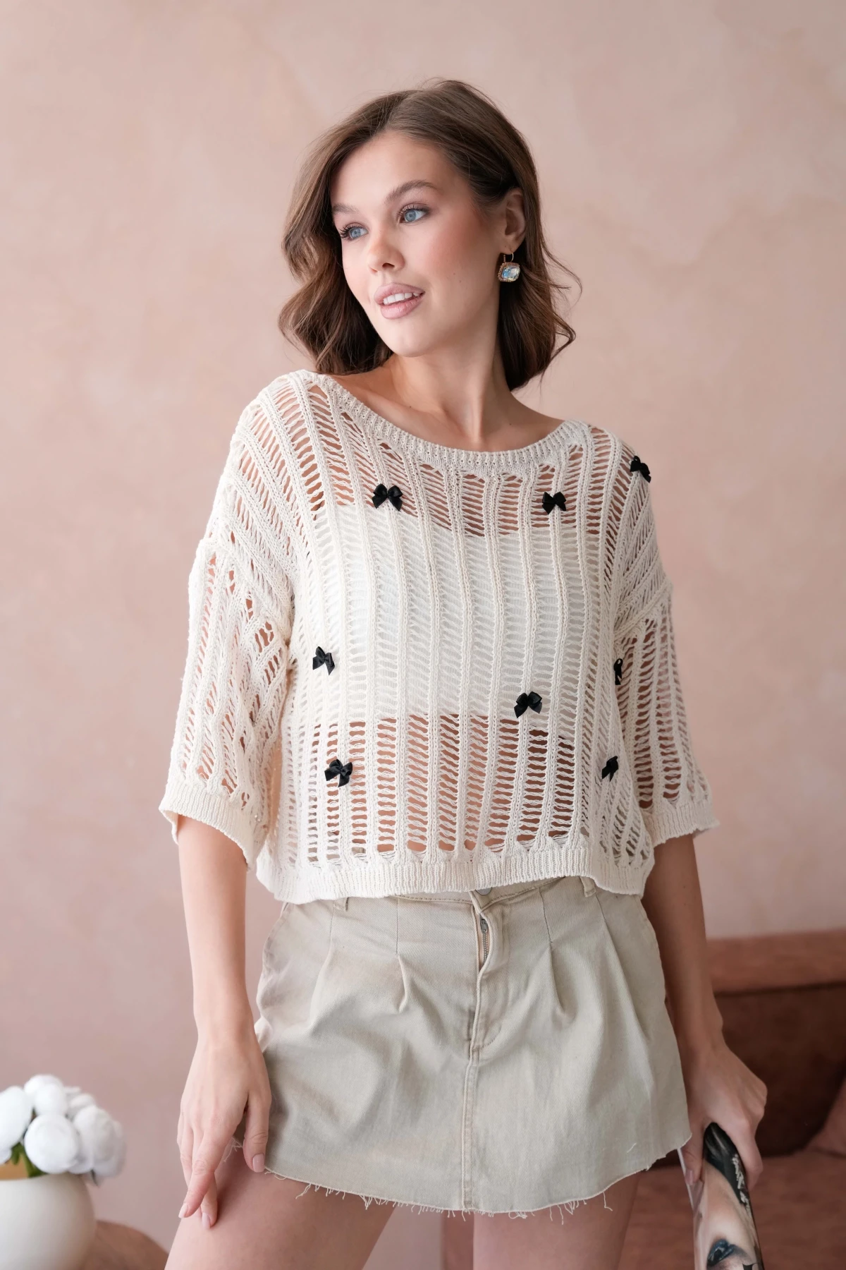 Kadın Kayık Yaka Örgü Detay Ajurlu Triko Kazak 8277Sw