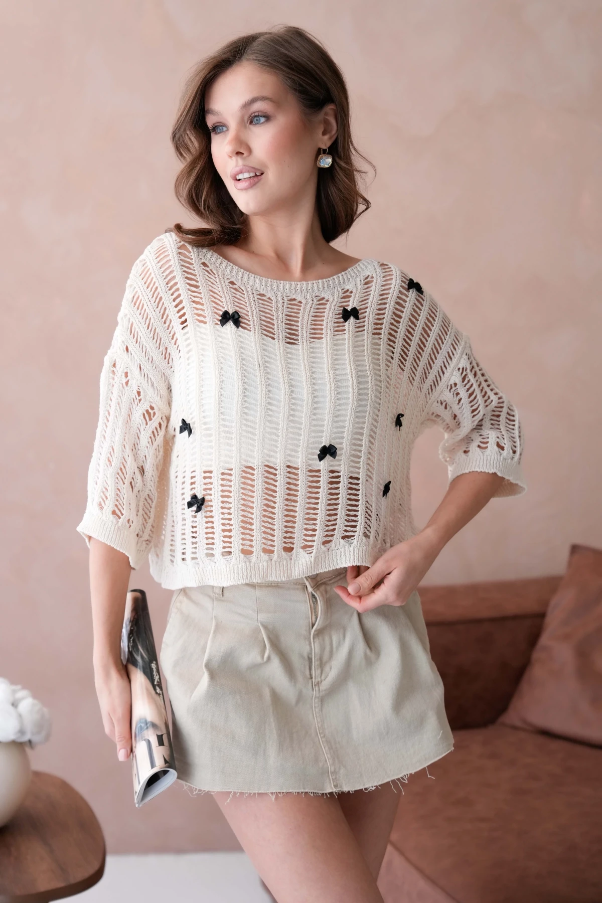 Kadın Kayık Yaka Örgü Detay Ajurlu Triko Kazak 8277Sw