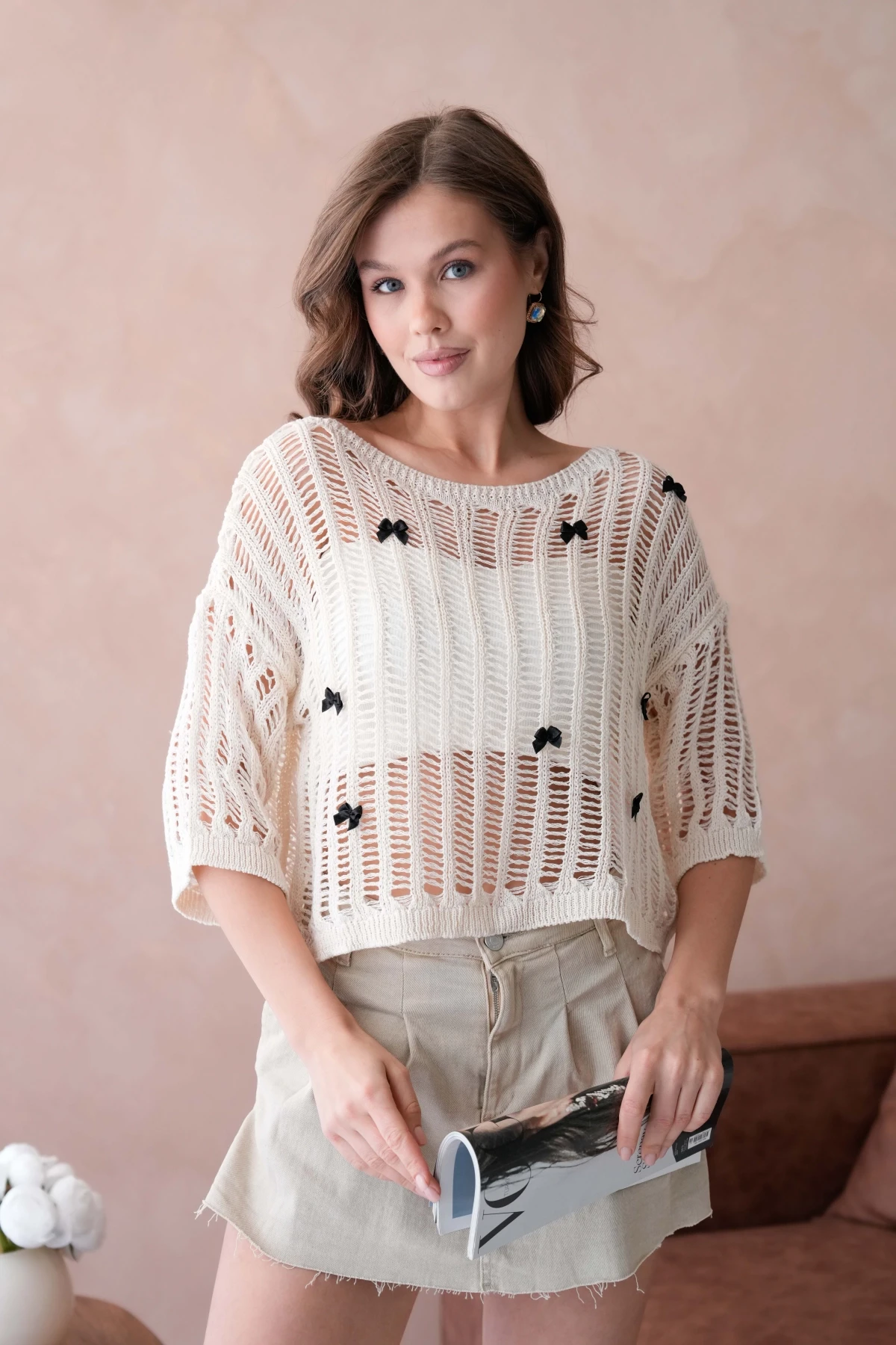 Kadın Kayık Yaka Örgü Detay Ajurlu Triko Kazak 8277Sw