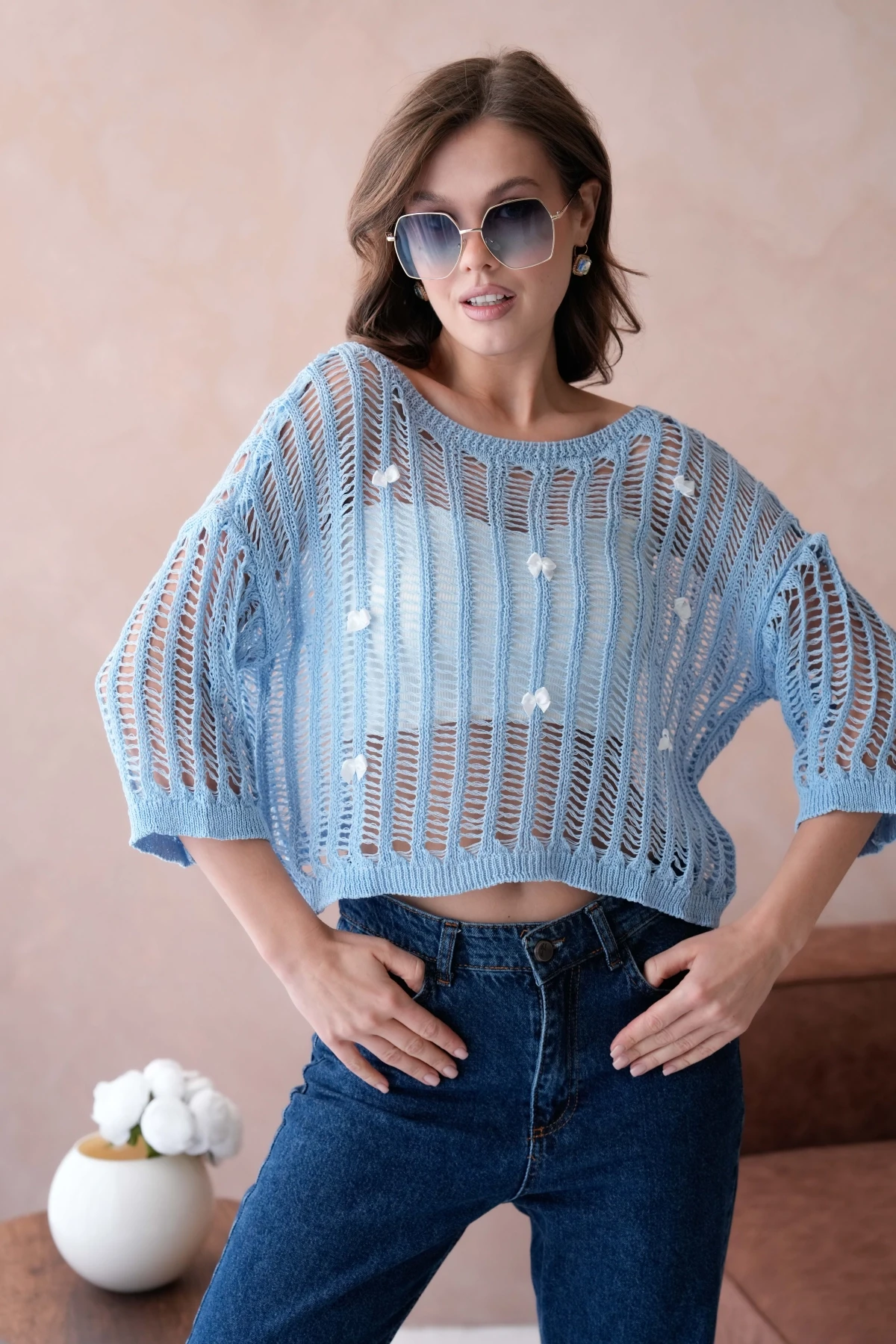 Kadın Kayık Yaka Örgü Detay Ajurlu Triko Kazak 8277Sw