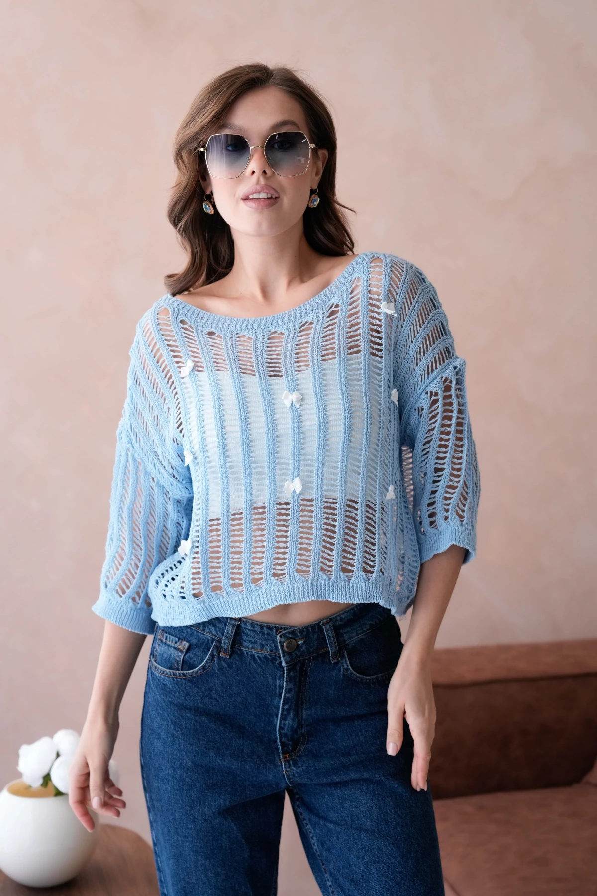 Kadın Kayık Yaka Örgü Detay Ajurlu Triko Kazak 8277Sw