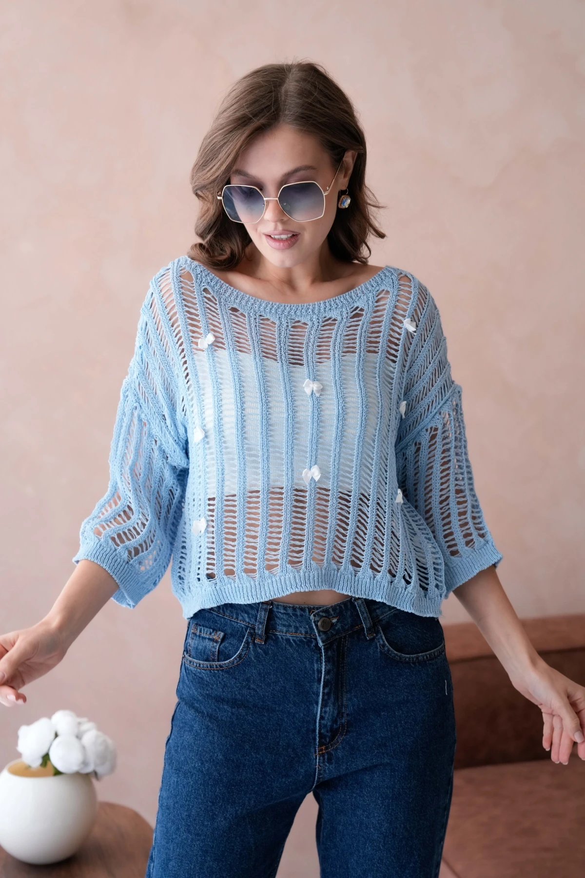 Kadın Kayık Yaka Örgü Detay Ajurlu Triko Kazak 8277Sw