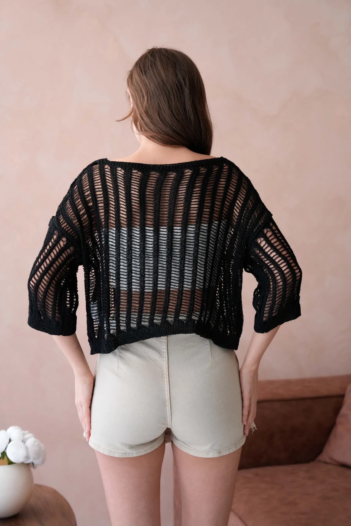 Kadın Kayık Yaka Örgü Detay Ajurlu Triko Kazak 8277Sw