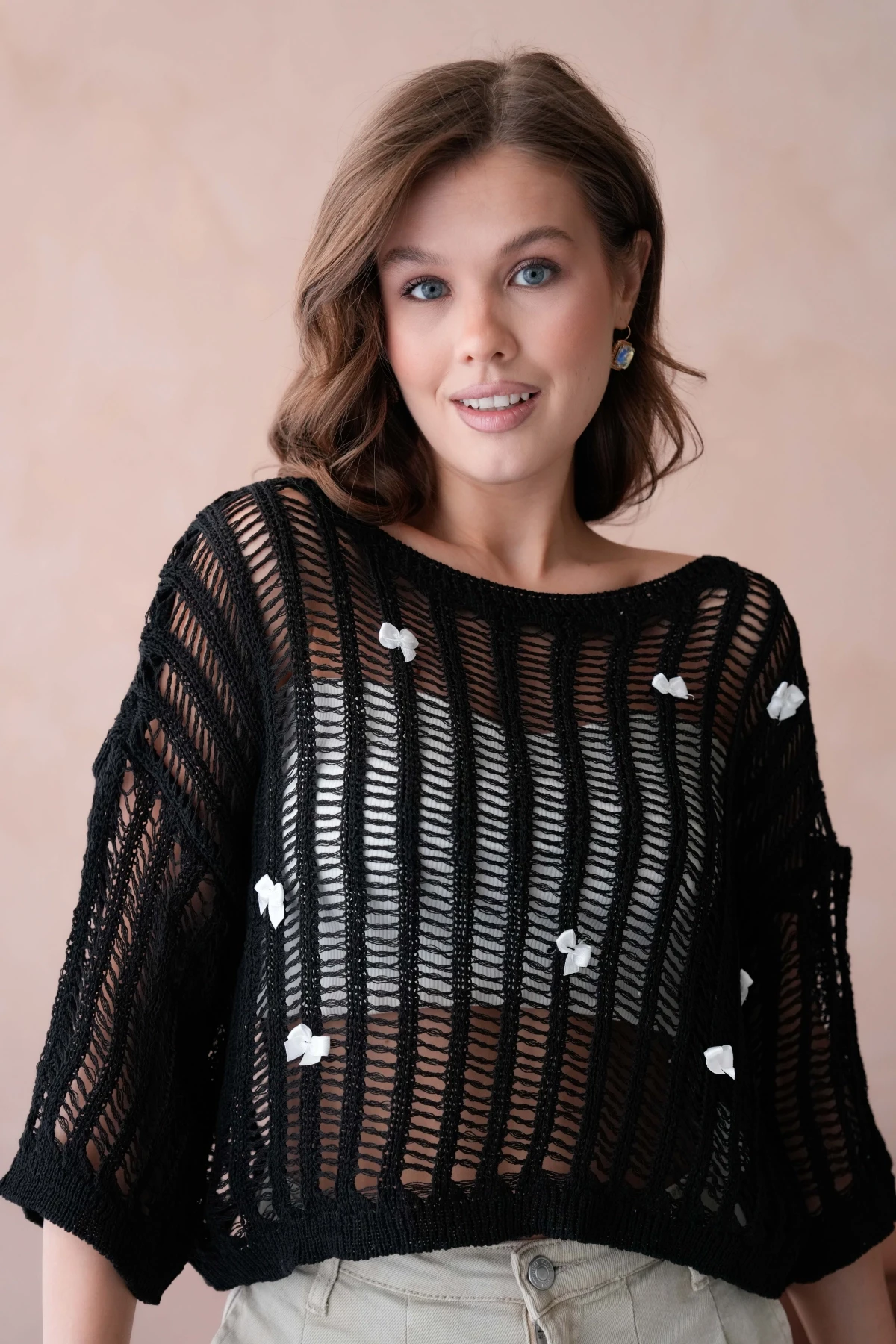 Kadın Kayık Yaka Örgü Detay Ajurlu Triko Kazak 8277Sw