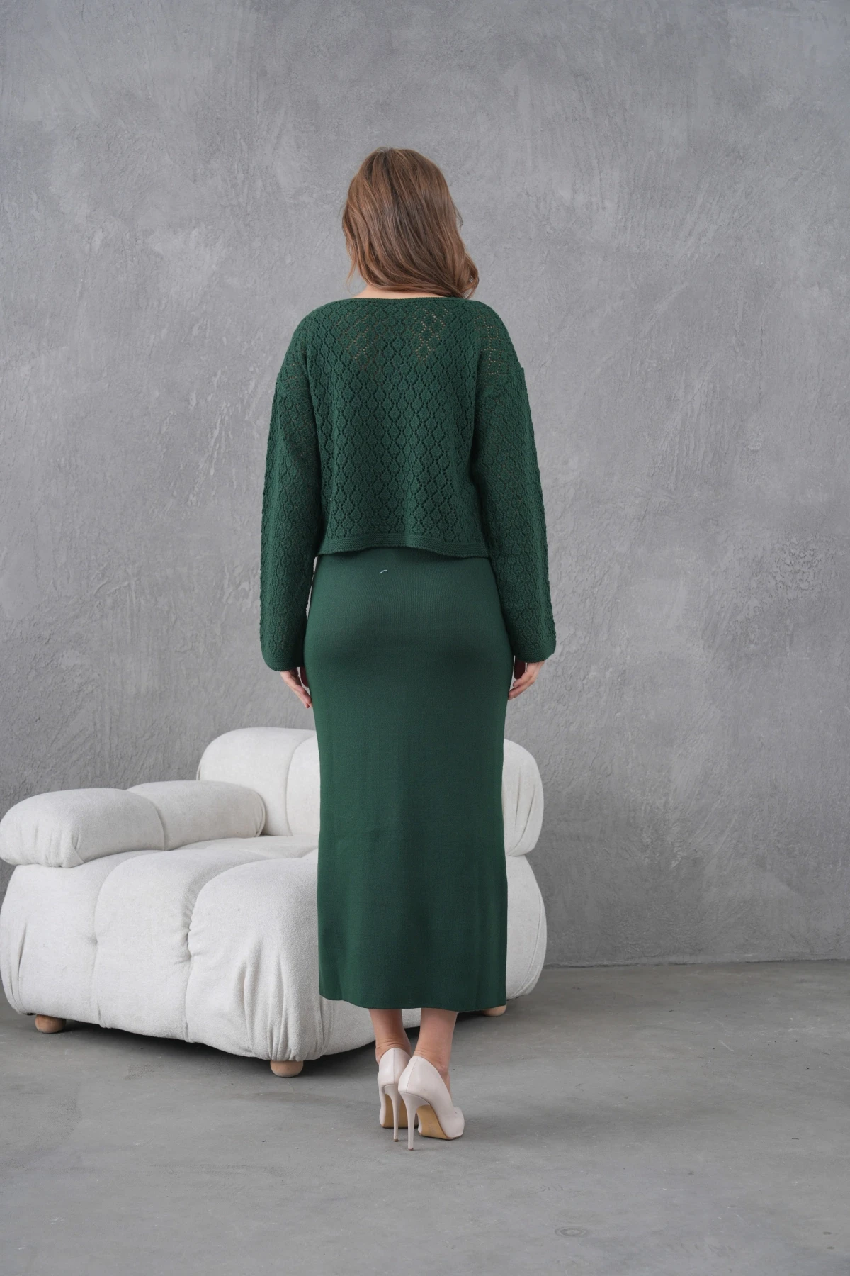 Kadın Kayık Yaka Örgü Detay Bluz Elbise İkili Trko Takım