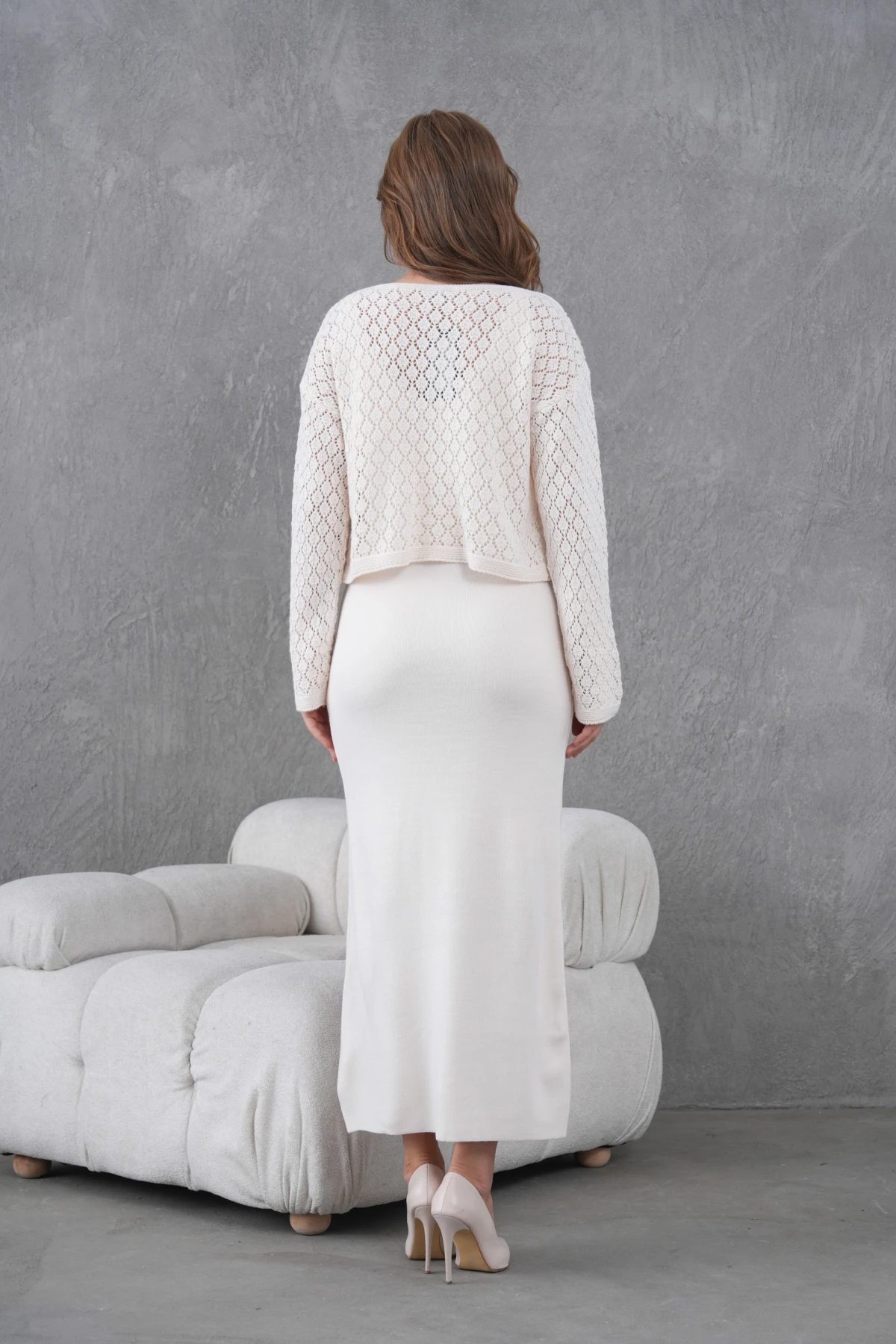 Kadın Kayık Yaka Örgü Detay Bluz Elbise İkili Trko Takım