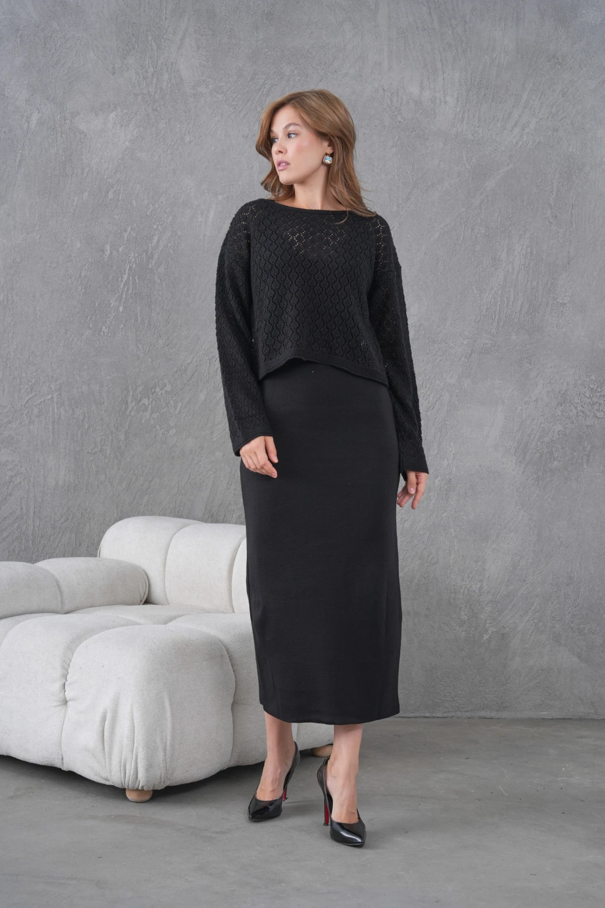 Kadın Kayık Yaka Örgü Detay Bluz Elbise İkili Trko Takım