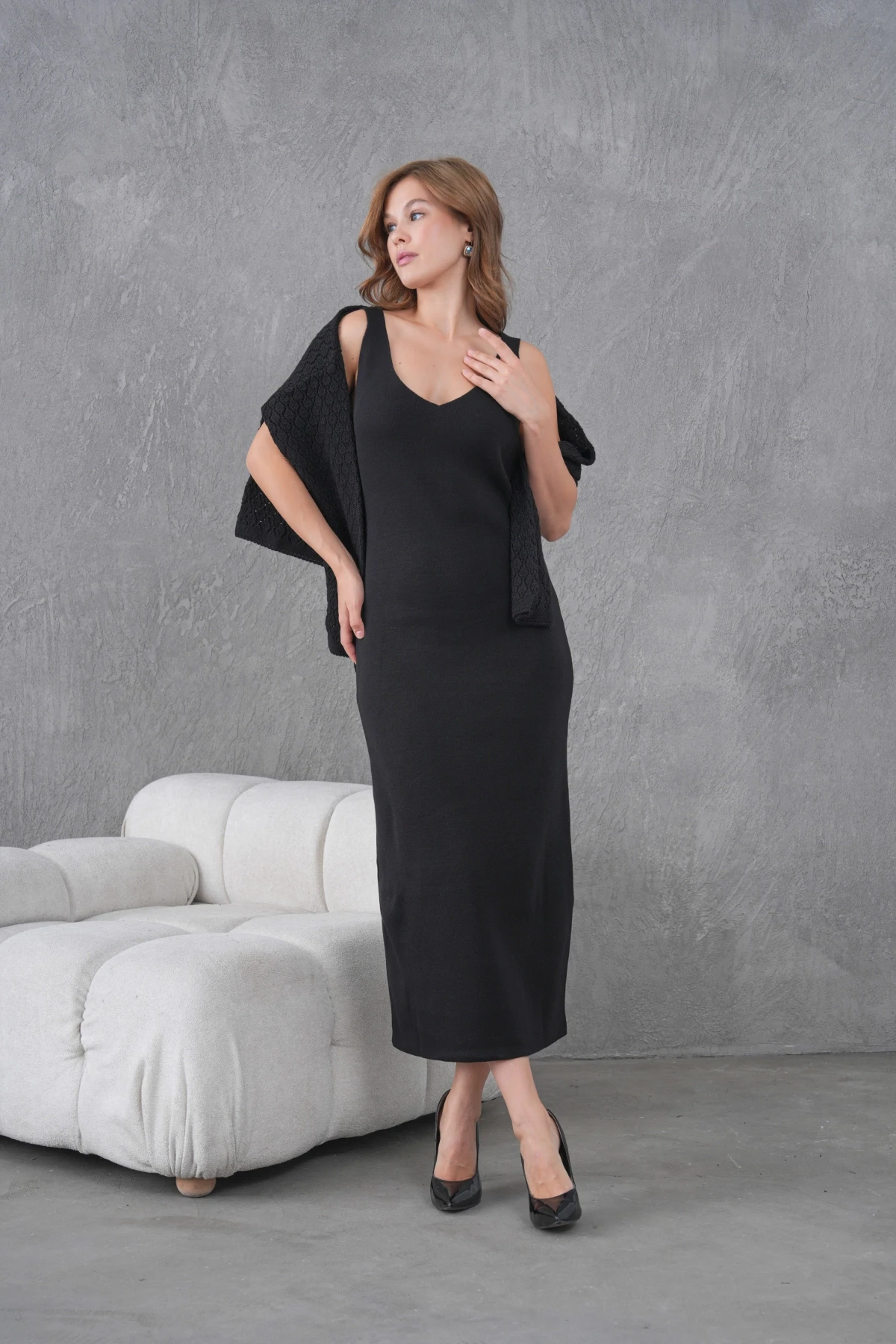 Kadın Kayık Yaka Örgü Detay Bluz Elbise İkili Trko Takım