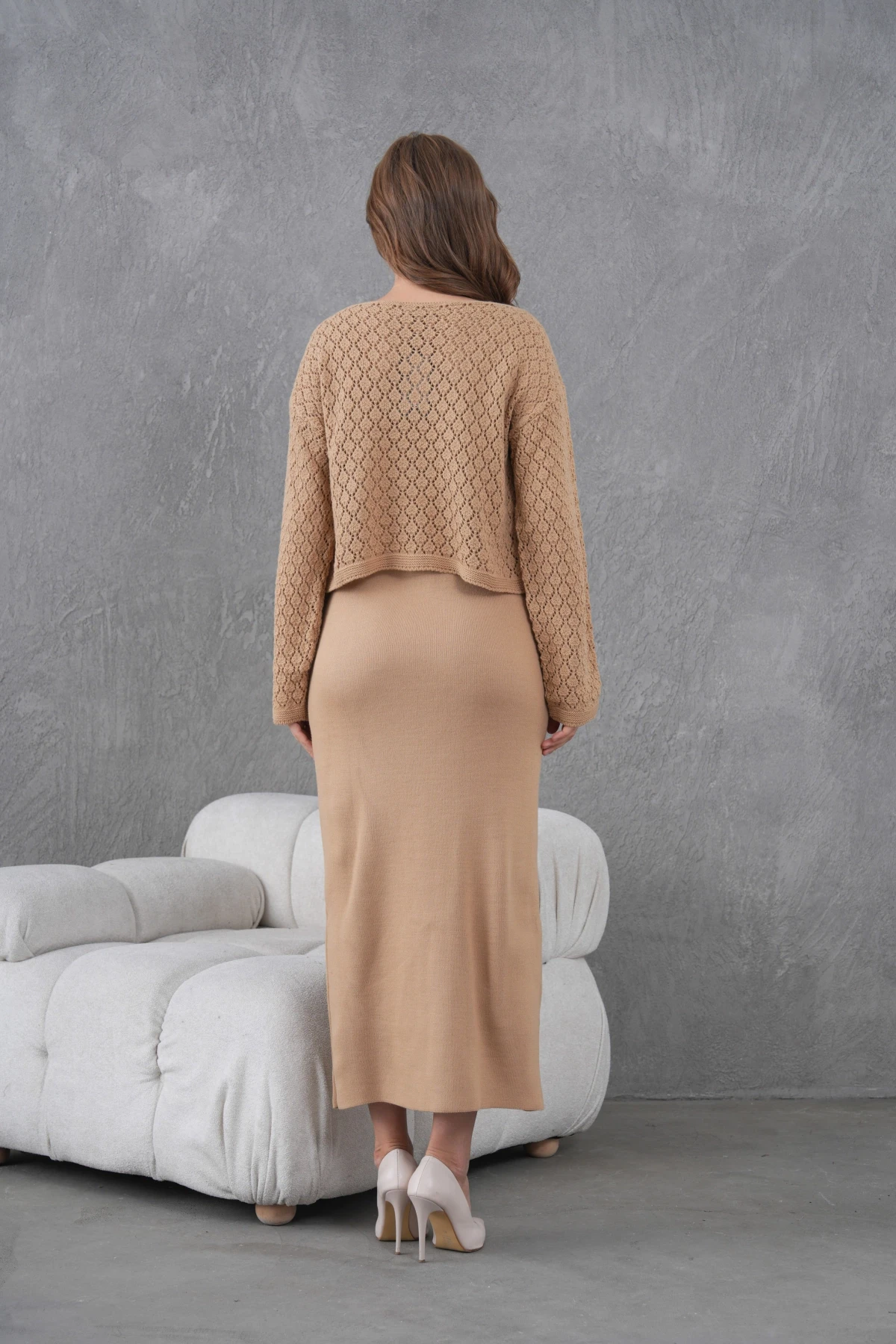 Kadın Kayık Yaka Örgü Detay Bluz Elbise İkili Trko Takım