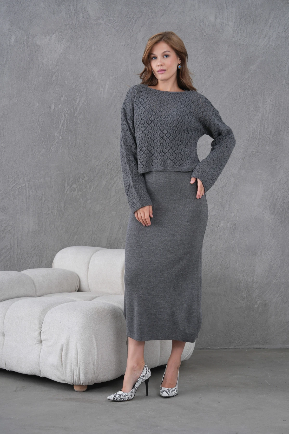 Kadın Kayık Yaka Örgü Detay Bluz Elbise İkili Trko Takım