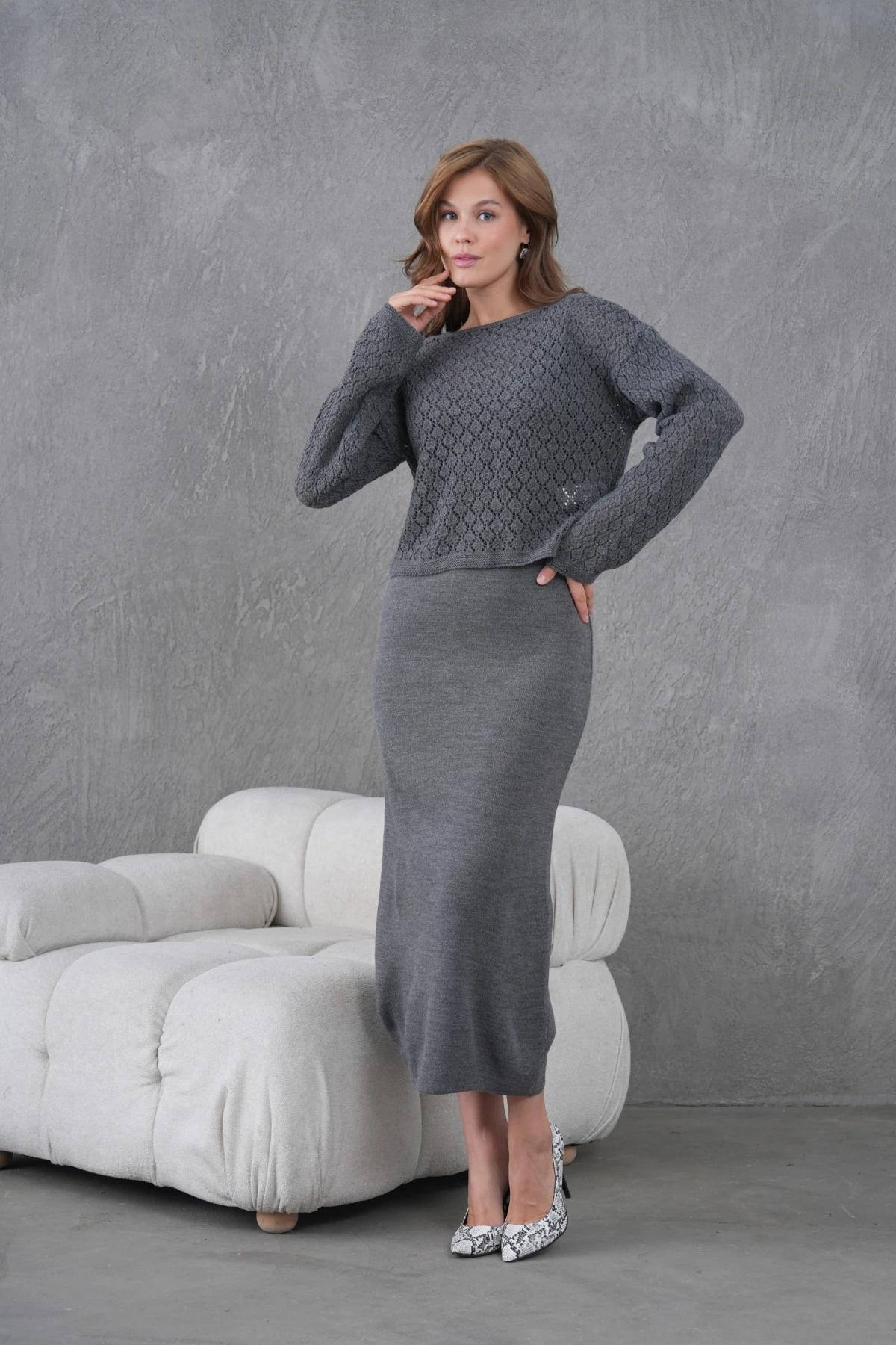 Kadın Kayık Yaka Örgü Detay Bluz Elbise İkili Trko Takım