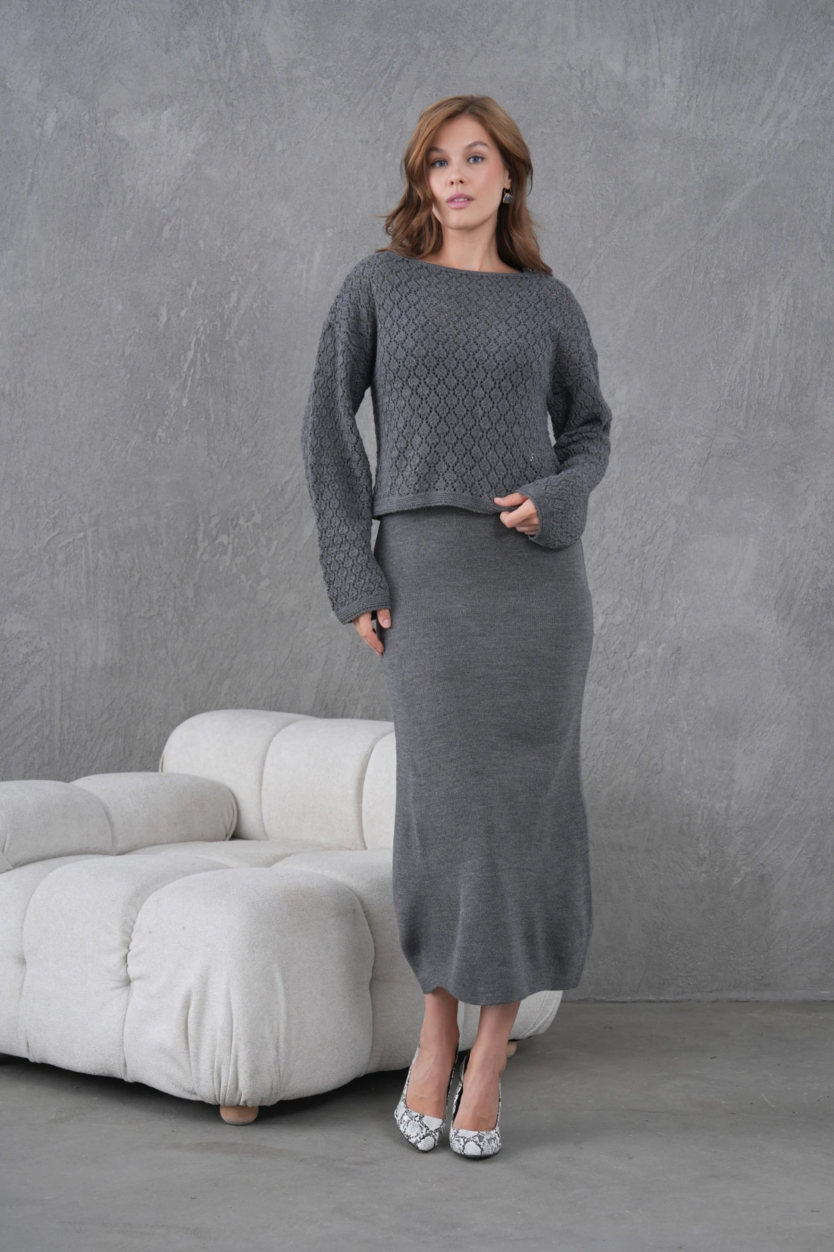 Kadın Kayık Yaka Örgü Detay Bluz Elbise İkili Trko Takım