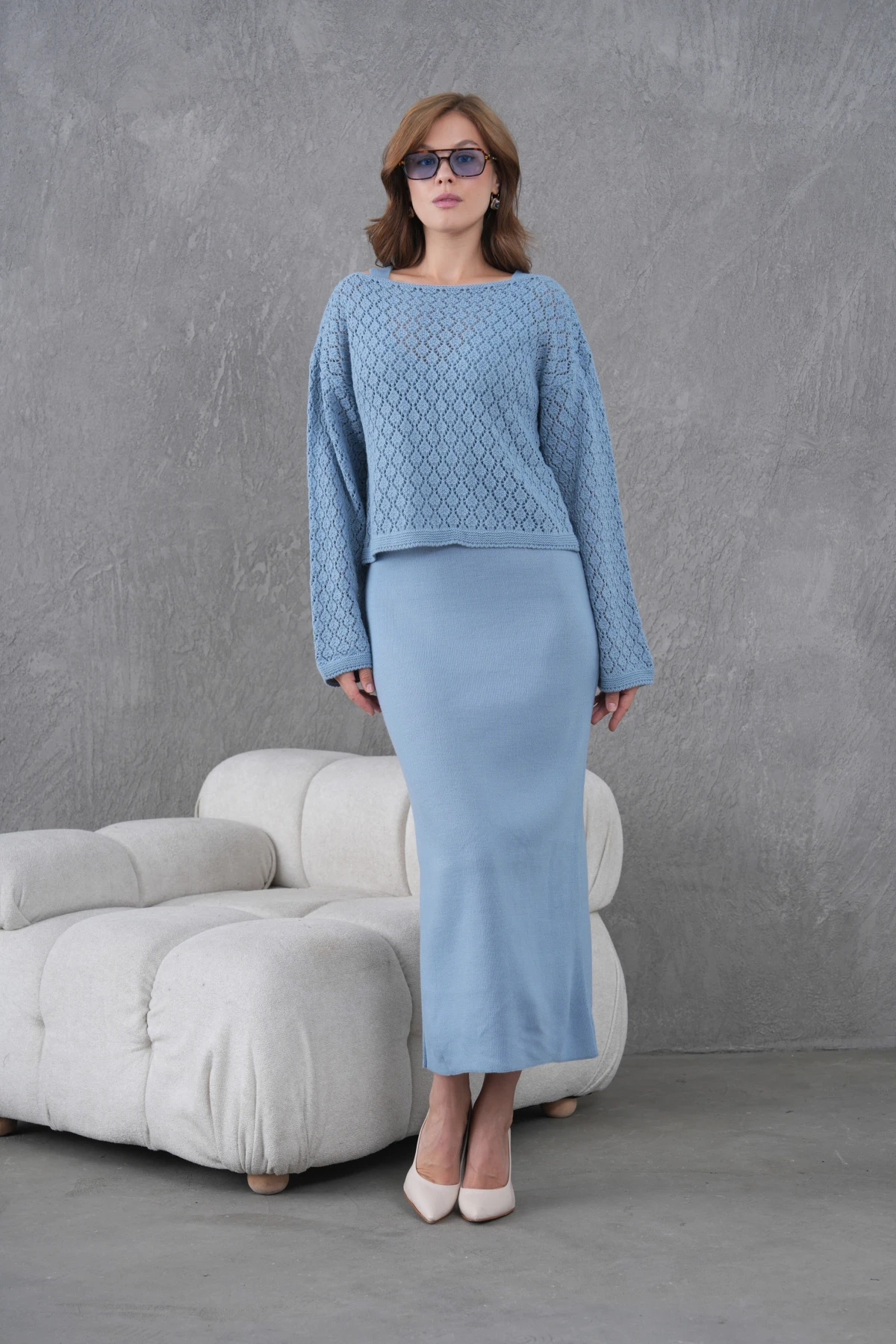 Kadın Kayık Yaka Örgü Detay Bluz Elbise İkili Trko Takım