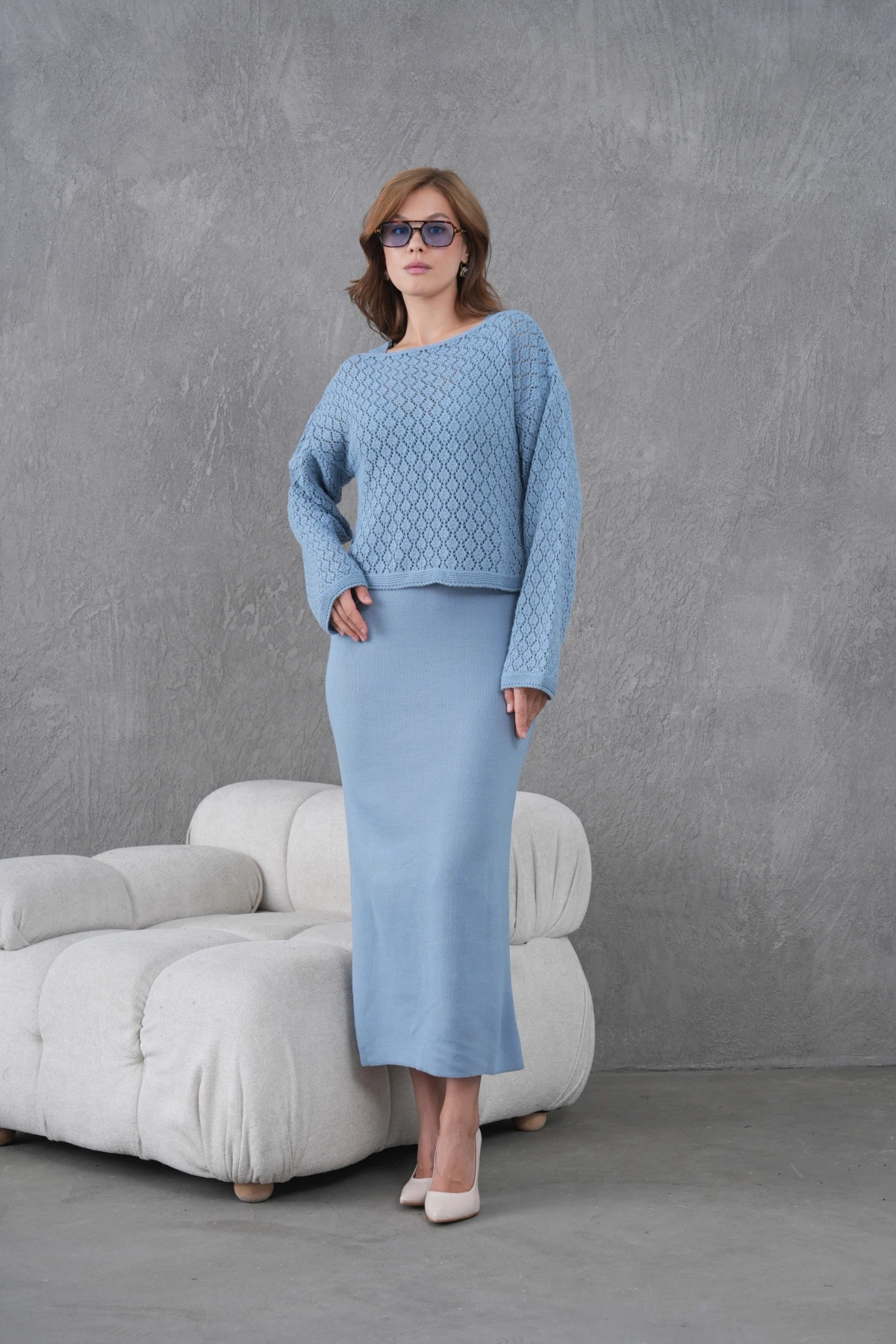 Kadın Kayık Yaka Örgü Detay Bluz Elbise İkili Trko Takım