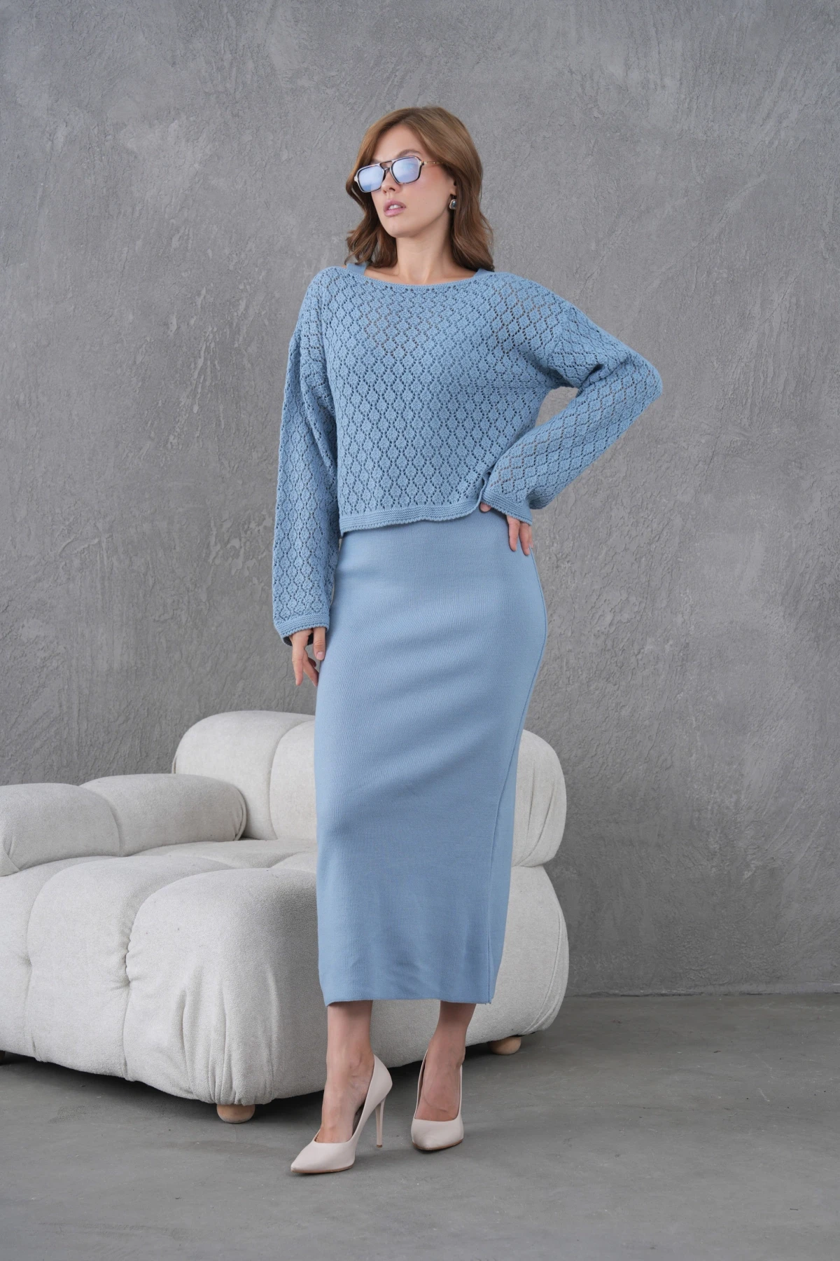 Kadın Kayık Yaka Örgü Detay Bluz Elbise İkili Trko Takım