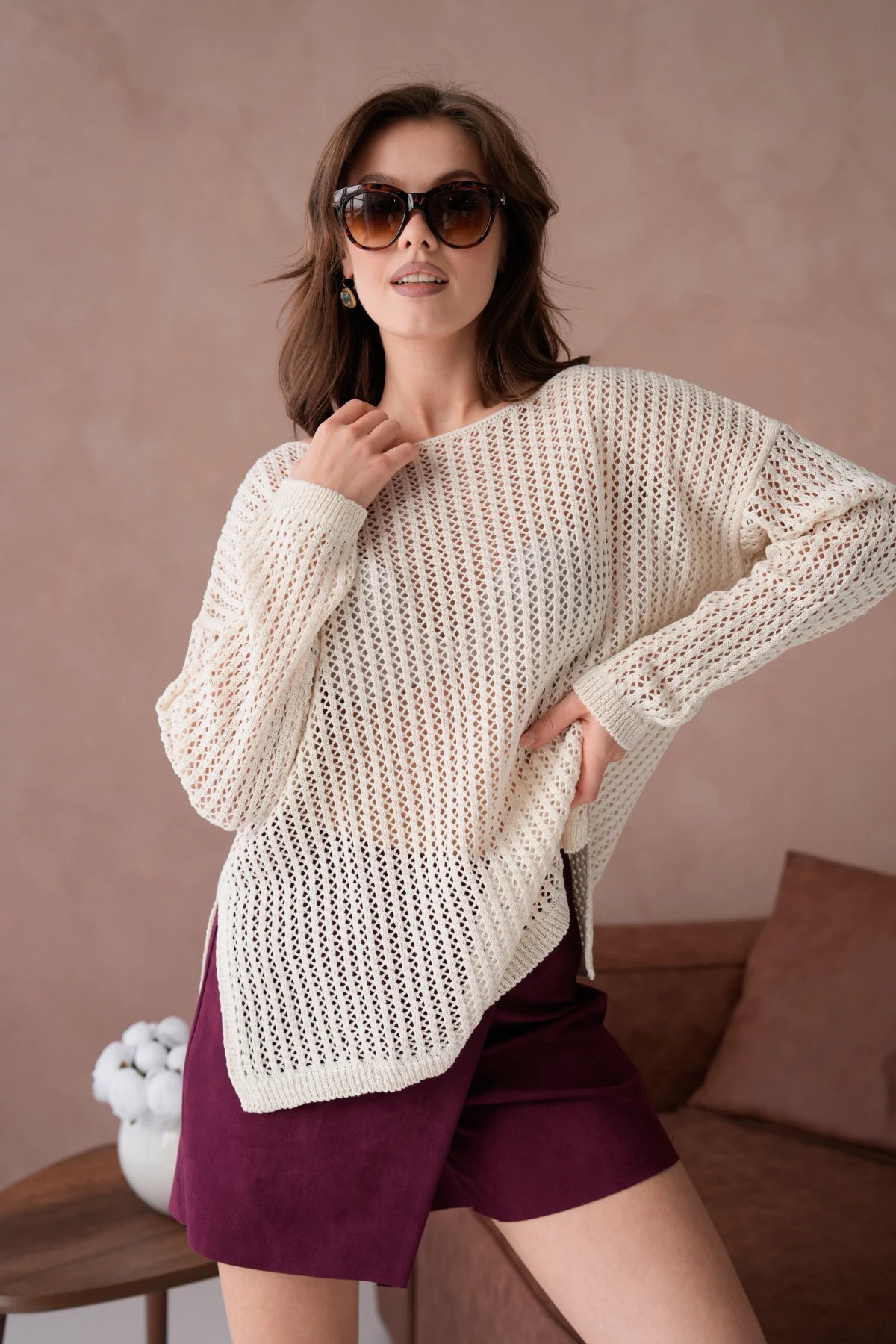 Kadın Kayık Yaka Örgü Detay Yırtmaçlı Triko Kazak