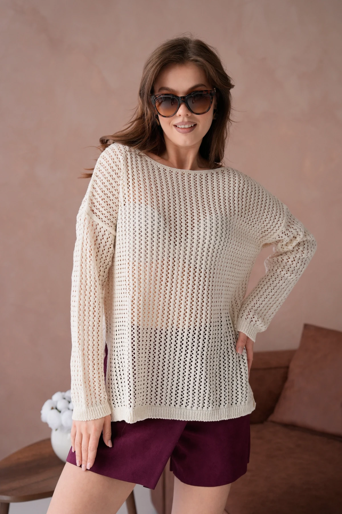 Kadın Kayık Yaka Örgü Detay Yırtmaçlı Triko Kazak