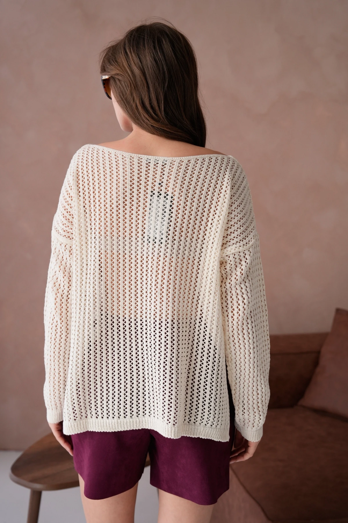 Kadın Kayık Yaka Örgü Detay Yırtmaçlı Triko Kazak