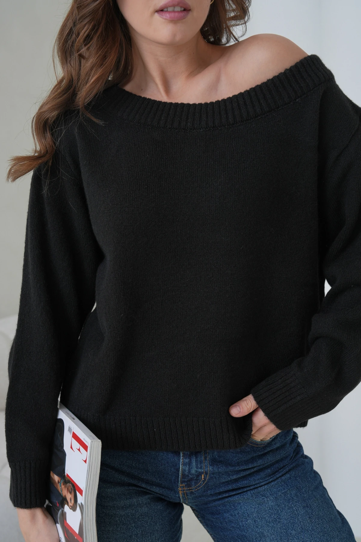 Kadın Kayık Yaka Yumuşak Dokulu Triko Kazak 8703Sw