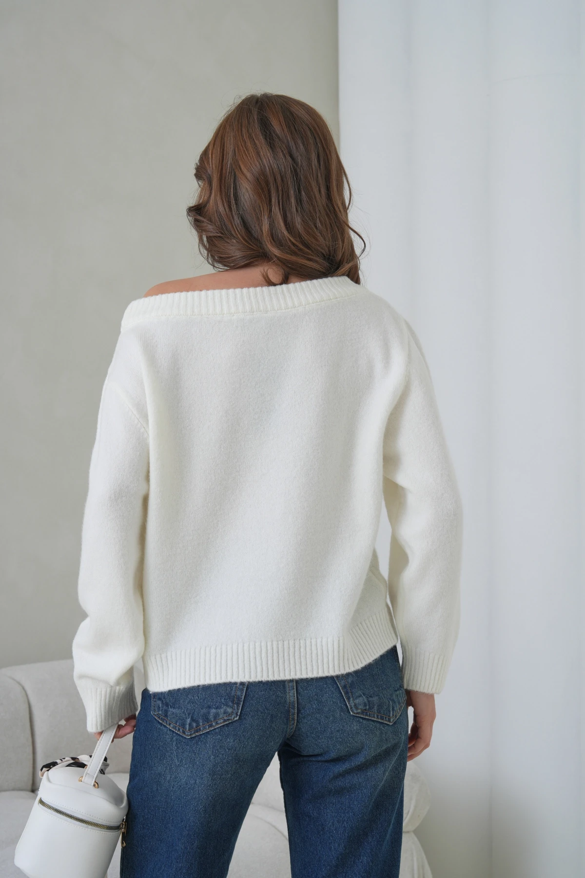 Kadın Kayık Yaka Yumuşak Dokulu Triko Kazak 8703Sw