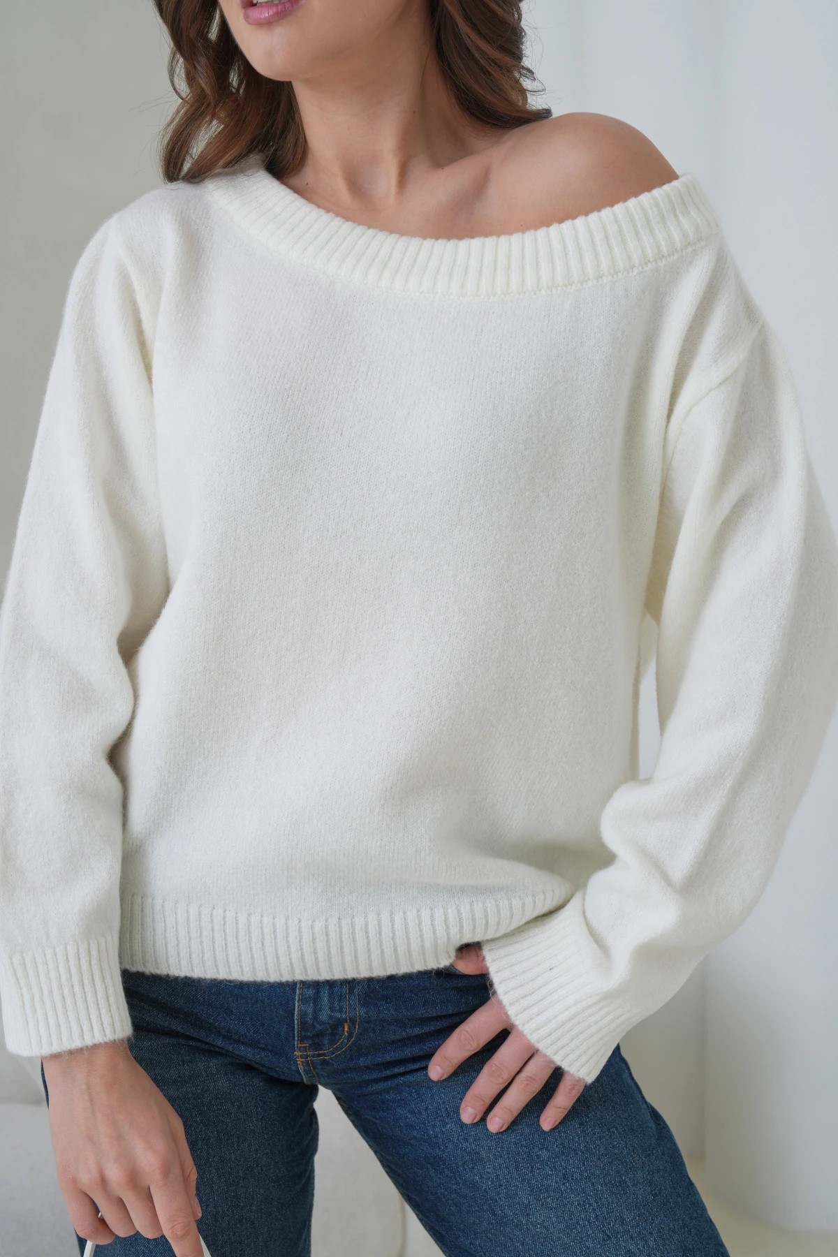 Kadın Kayık Yaka Yumuşak Dokulu Triko Kazak 8703Sw