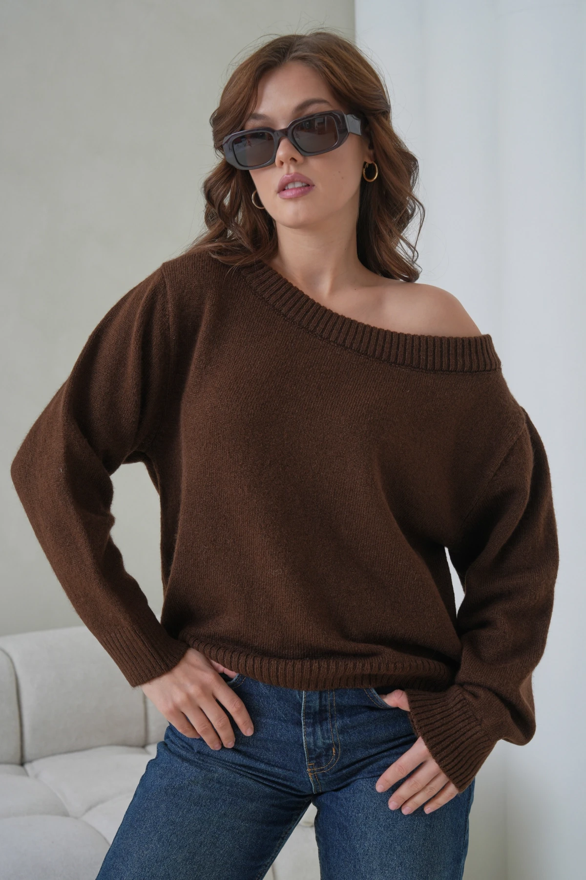 Kadın Kayık Yaka Yumuşak Dokulu Triko Kazak 8703Sw