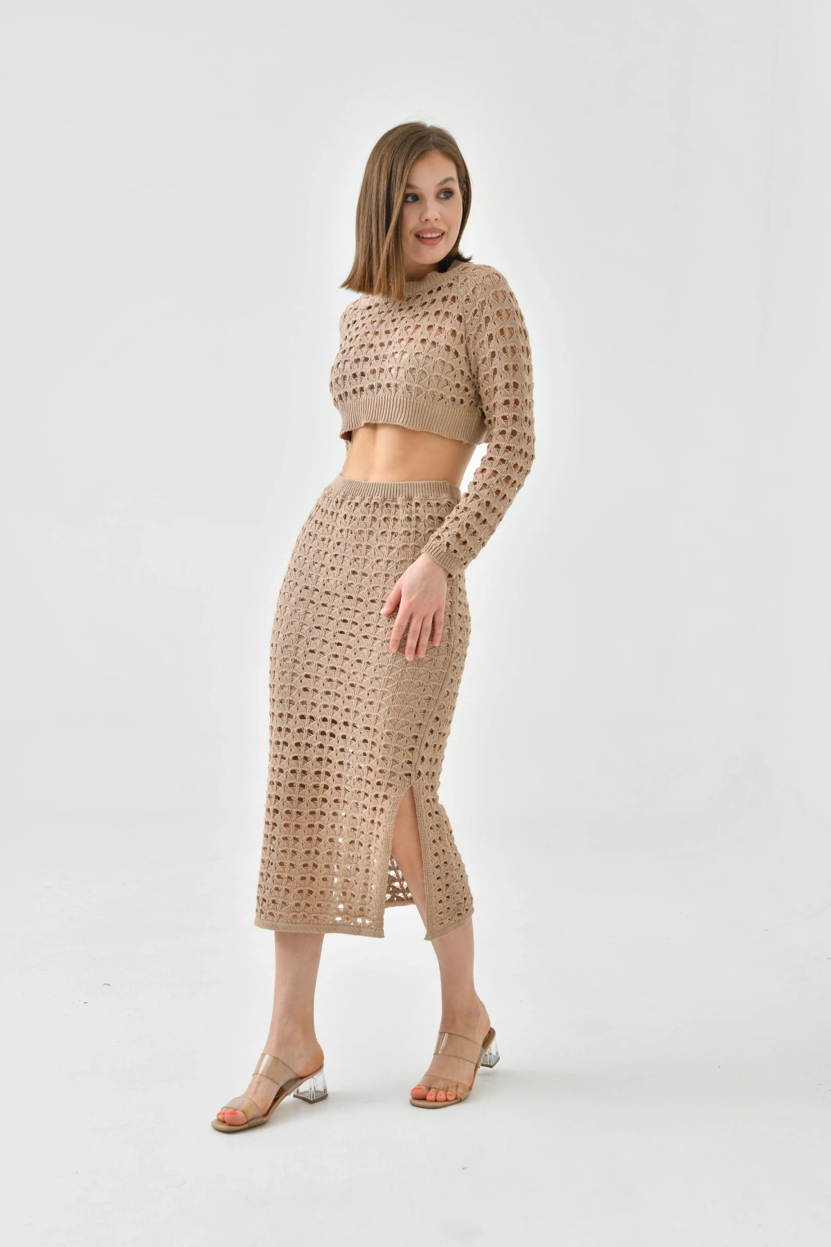 Kadın Örgü Detay Crop Kazak Astarlı Yırtmaçlı Etek Triko İkili Takım