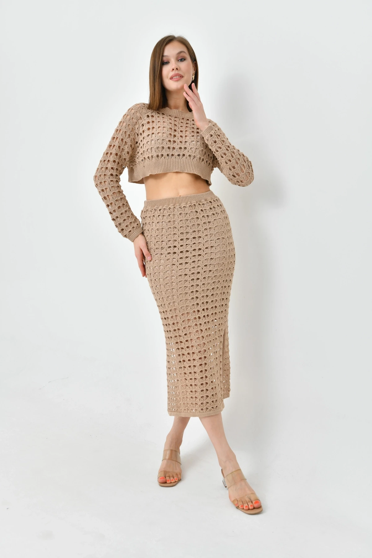 Kadın Örgü Detay Crop Kazak Astarlı Yırtmaçlı Etek Triko İkili Takım
