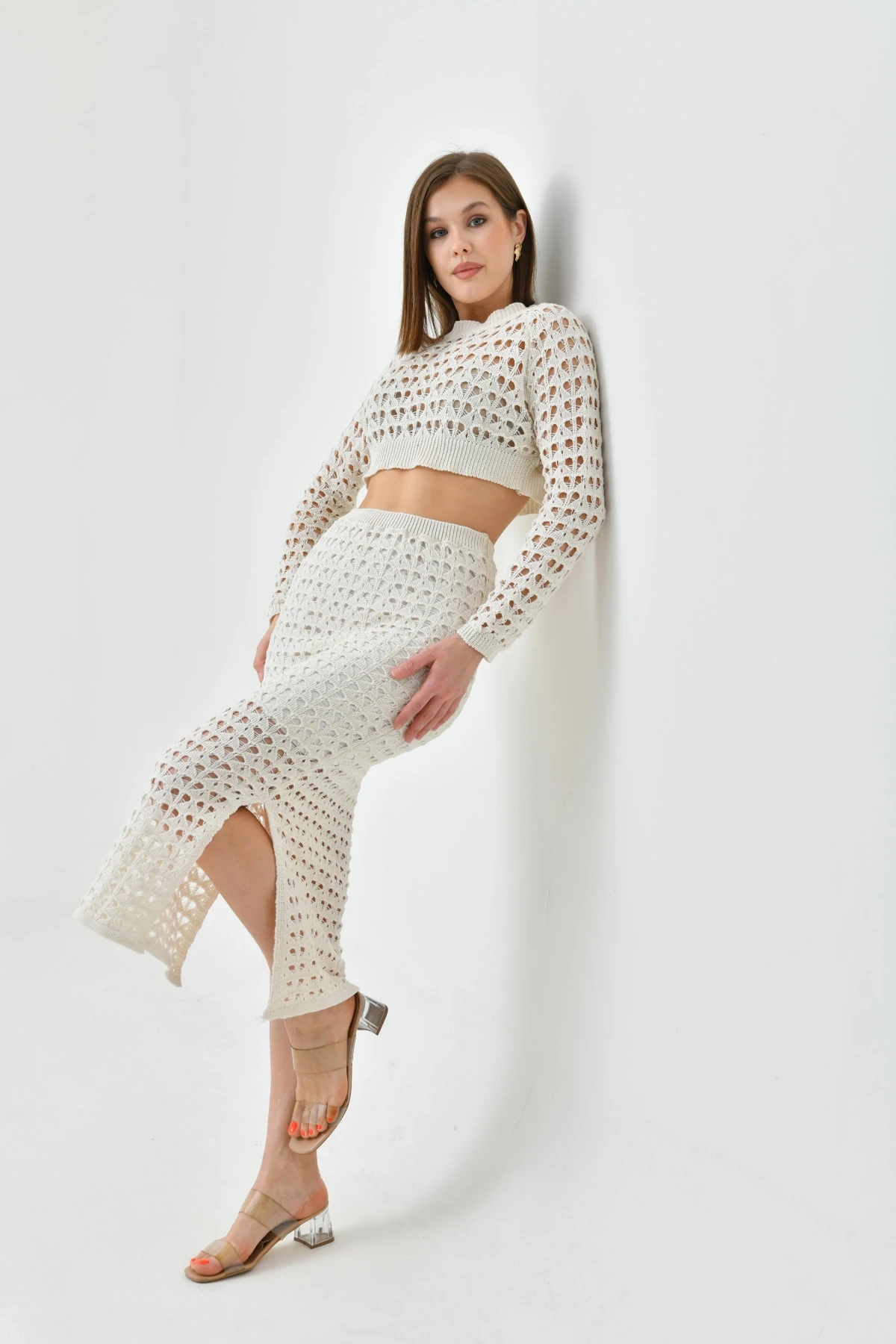 Kadın Örgü Detay Crop Kazak Astarlı Yırtmaçlı Etek Triko İkili Takım