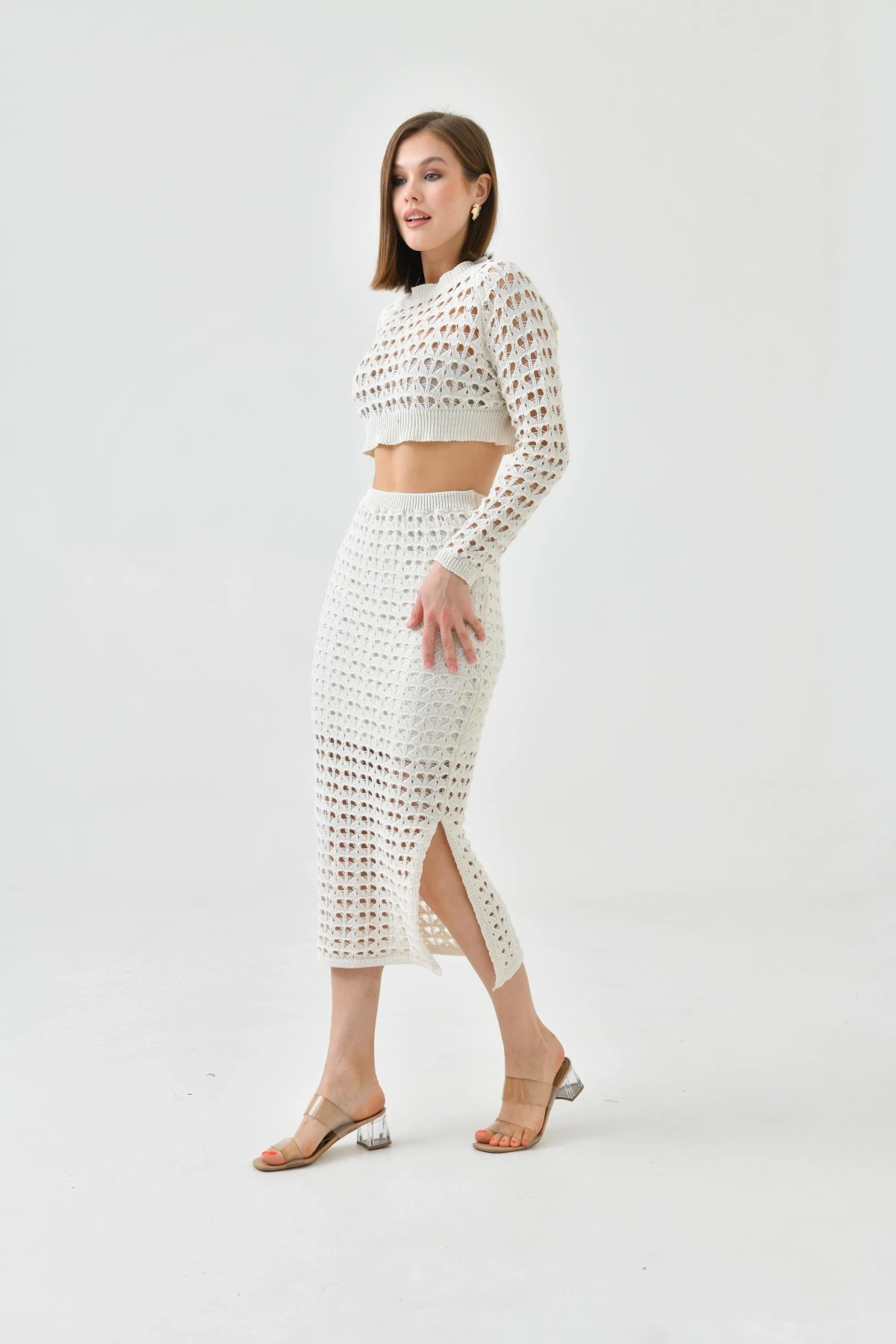 Kadın Örgü Detay Crop Kazak Astarlı Yırtmaçlı Etek Triko İkili Takım