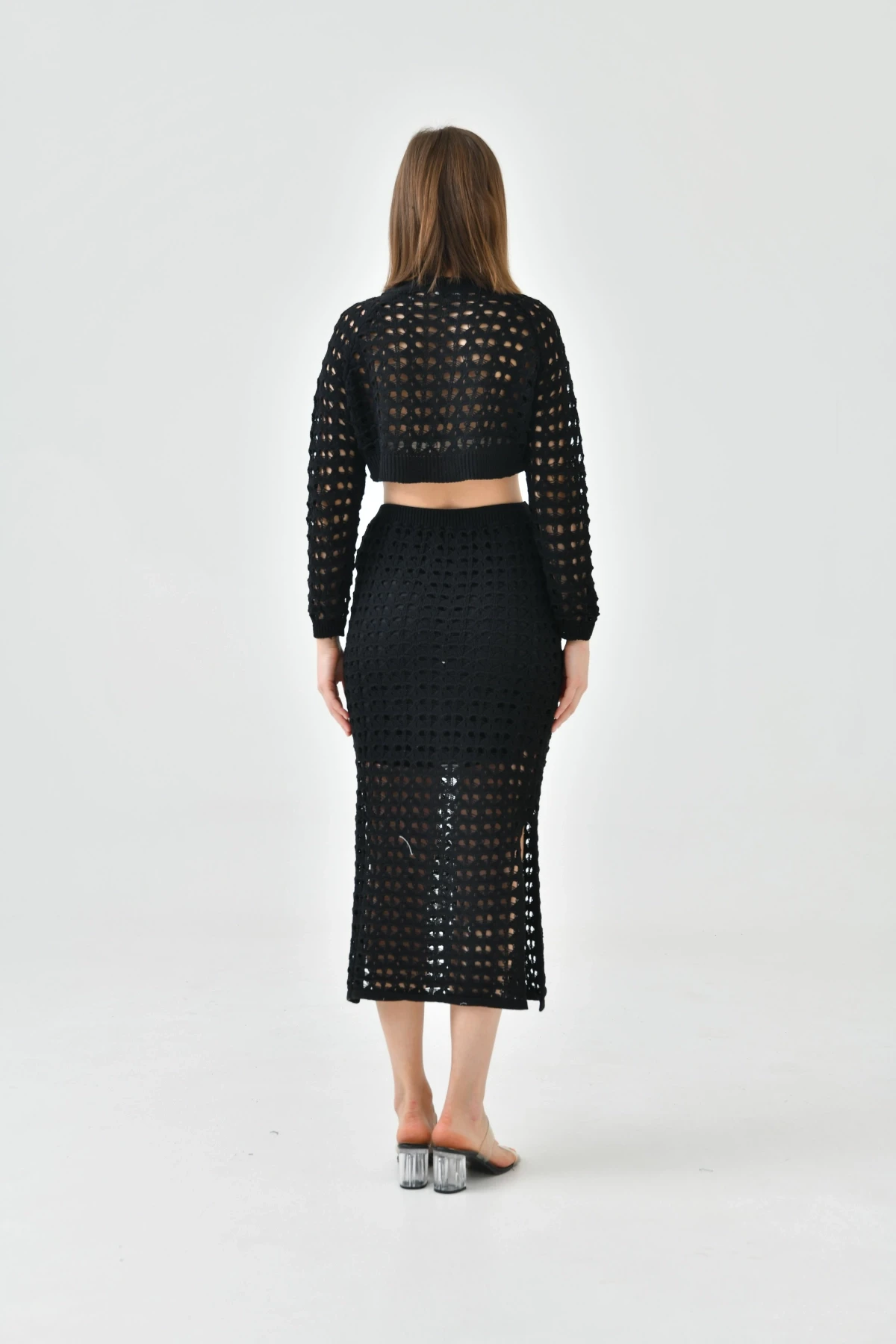 Kadın Örgü Detay Crop Kazak Astarlı Yırtmaçlı Etek Triko İkili Takım