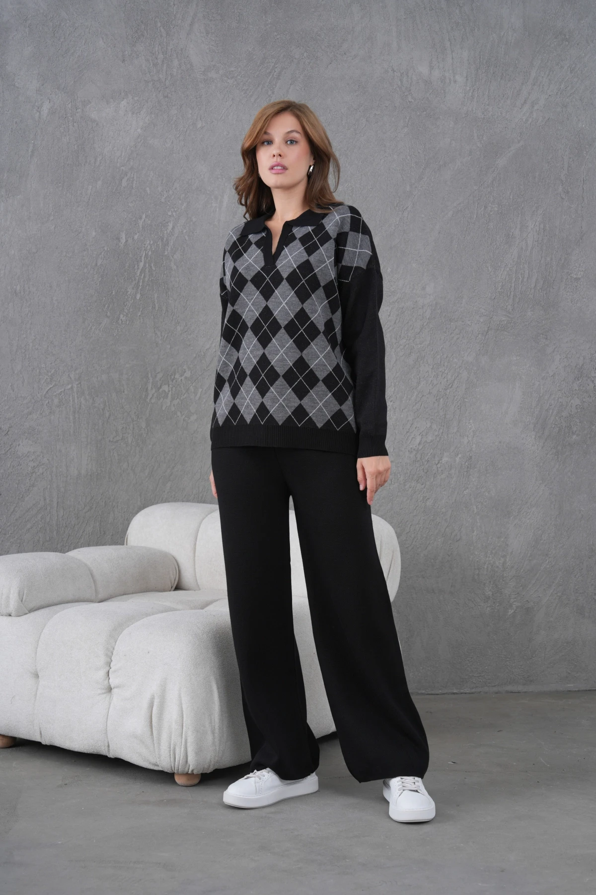 Kadın Polo Yak Abaklava Desen Kazak Pantolon İkili Takım