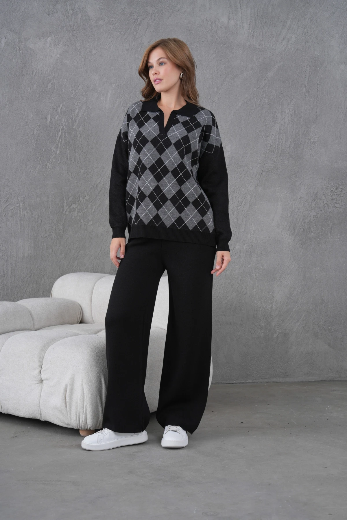 Kadın Polo Yak Abaklava Desen Kazak Pantolon İkili Takım